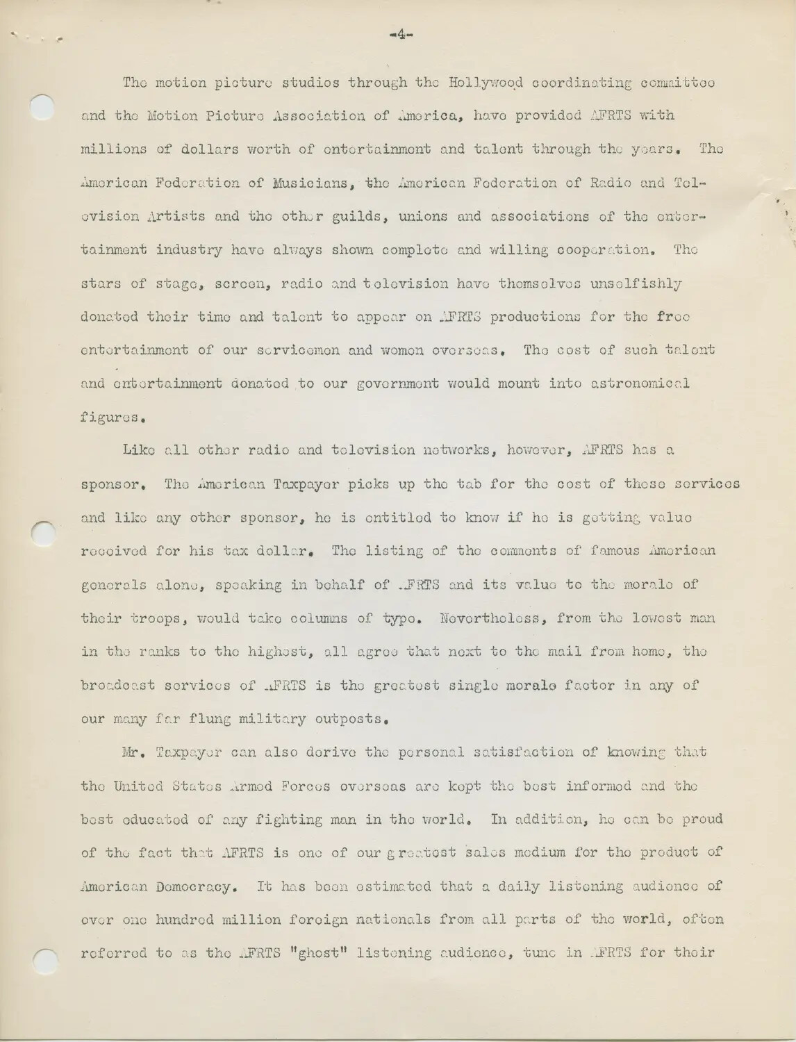 Typewritten Document, Page 4 — History of the Armed Forces Radio and Television Service (AFRTS)