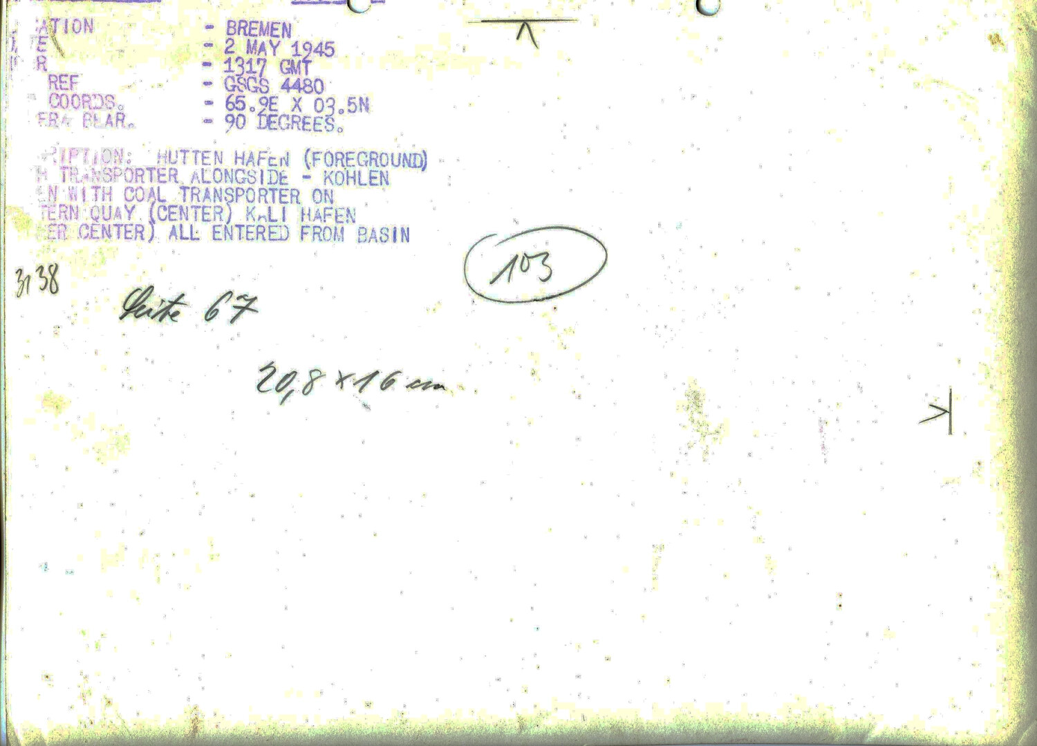 Verso/Reverse Side with Caption Stamp: 'Hutten Hafen, Kohlenhafen, Kalihafen,' Bremen, Germany, 2 May 1945