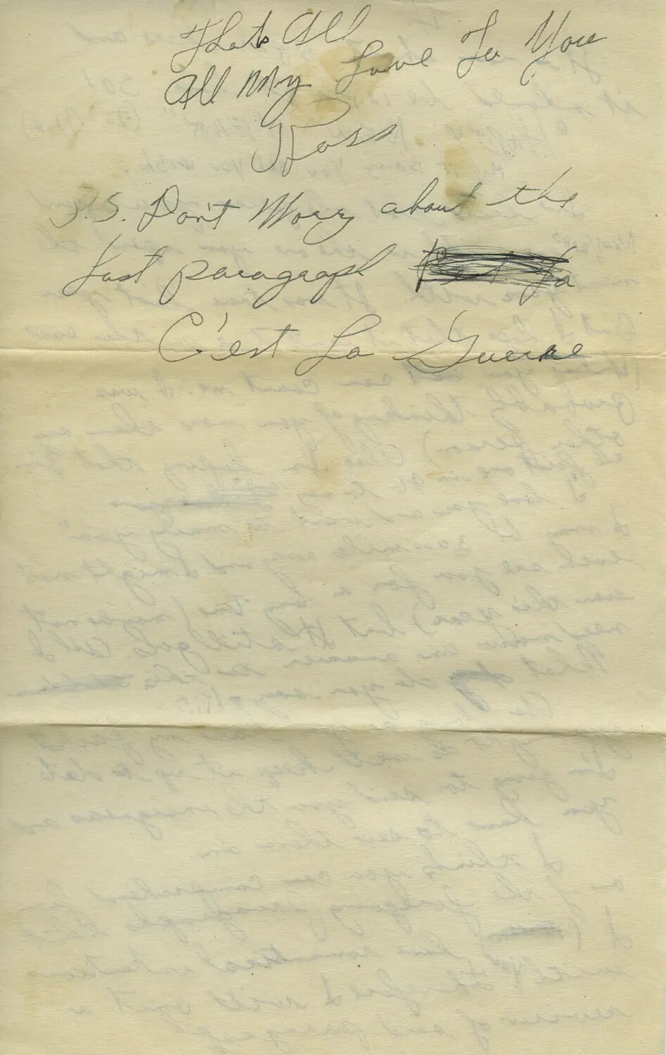 Handwritten WWII-Era Letter Closing, Signed 'Ross' — 'C'est La Guerre'