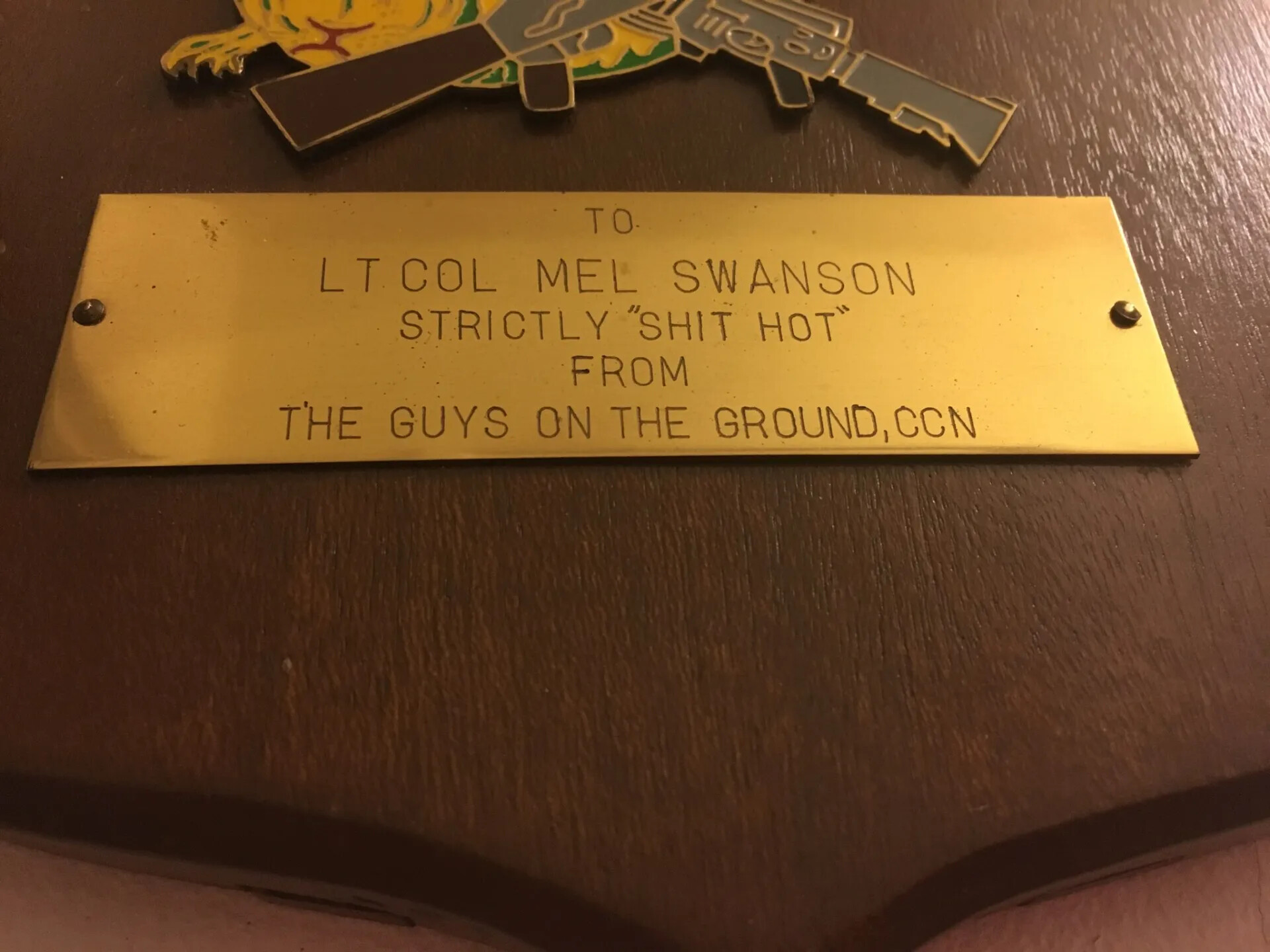 Engraved Tribute Plaque to Lt. Col. Mel Swanson from CCN Ground Personnel, MACV-SOG