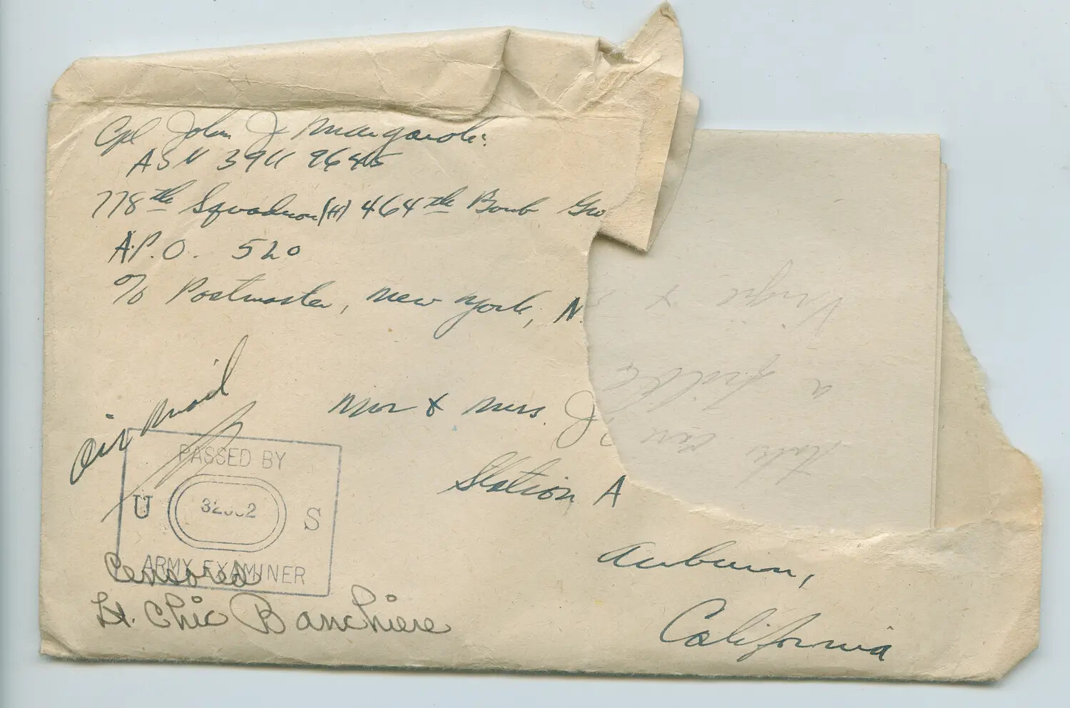 WWII Censored Mail Envelope, Cpl. John J. Margaroli, 778th Squadron, 464th Bombardment Group
