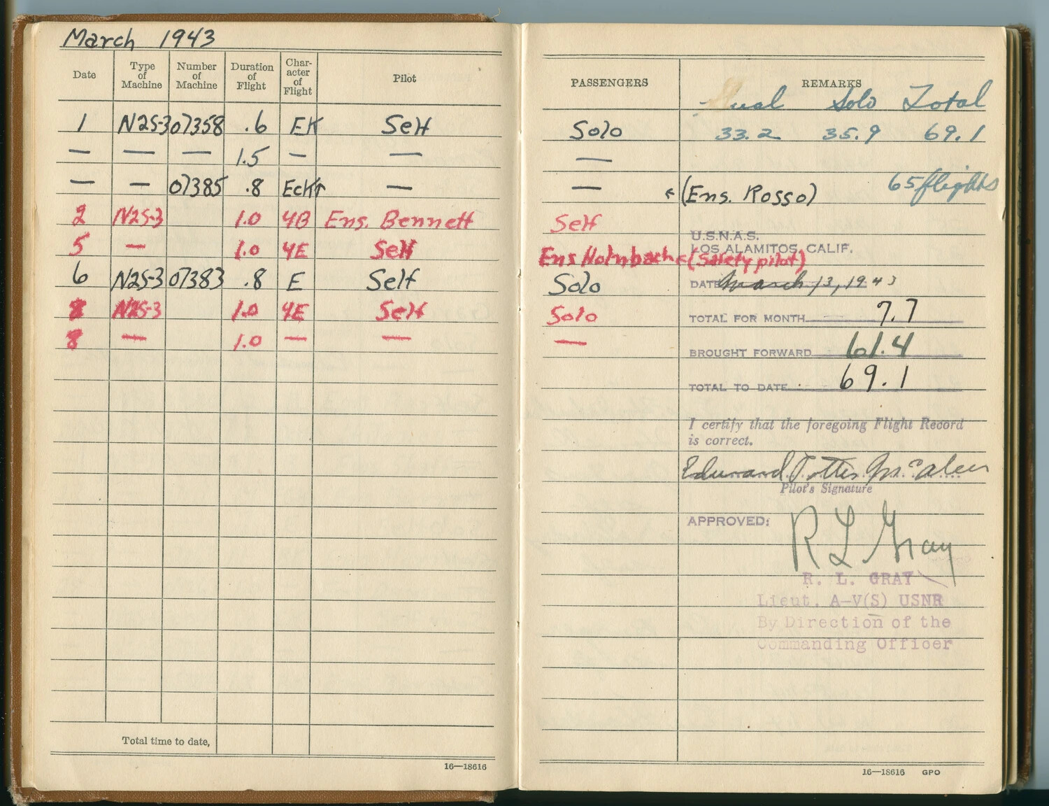 Edward Potter McAleer's Flight Logbook, March 1943, NAS Los Alamitos, California