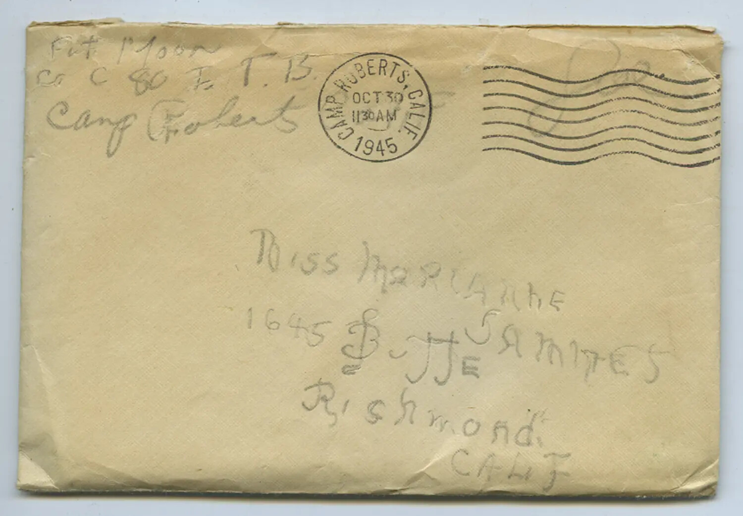 WWII Military Correspondence Envelope, Pvt. Moon, Camp Roberts, California, October 30, 1945
