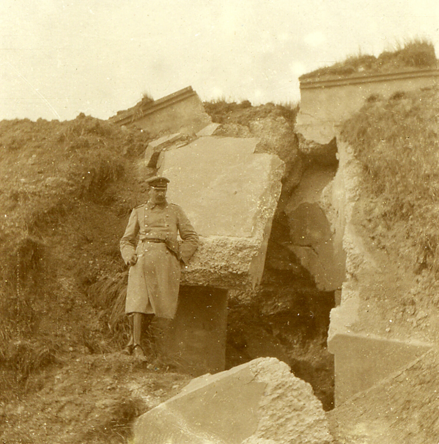 German Officer Beside Shattered Concrete Fortification, World War I