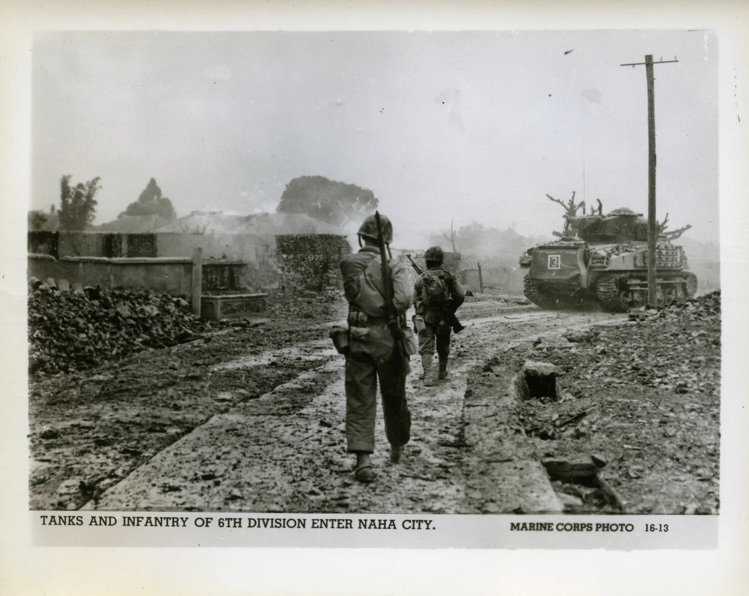 6th Marine Division Tanks and Infantry Entering Naha City, Okinawa, 1945