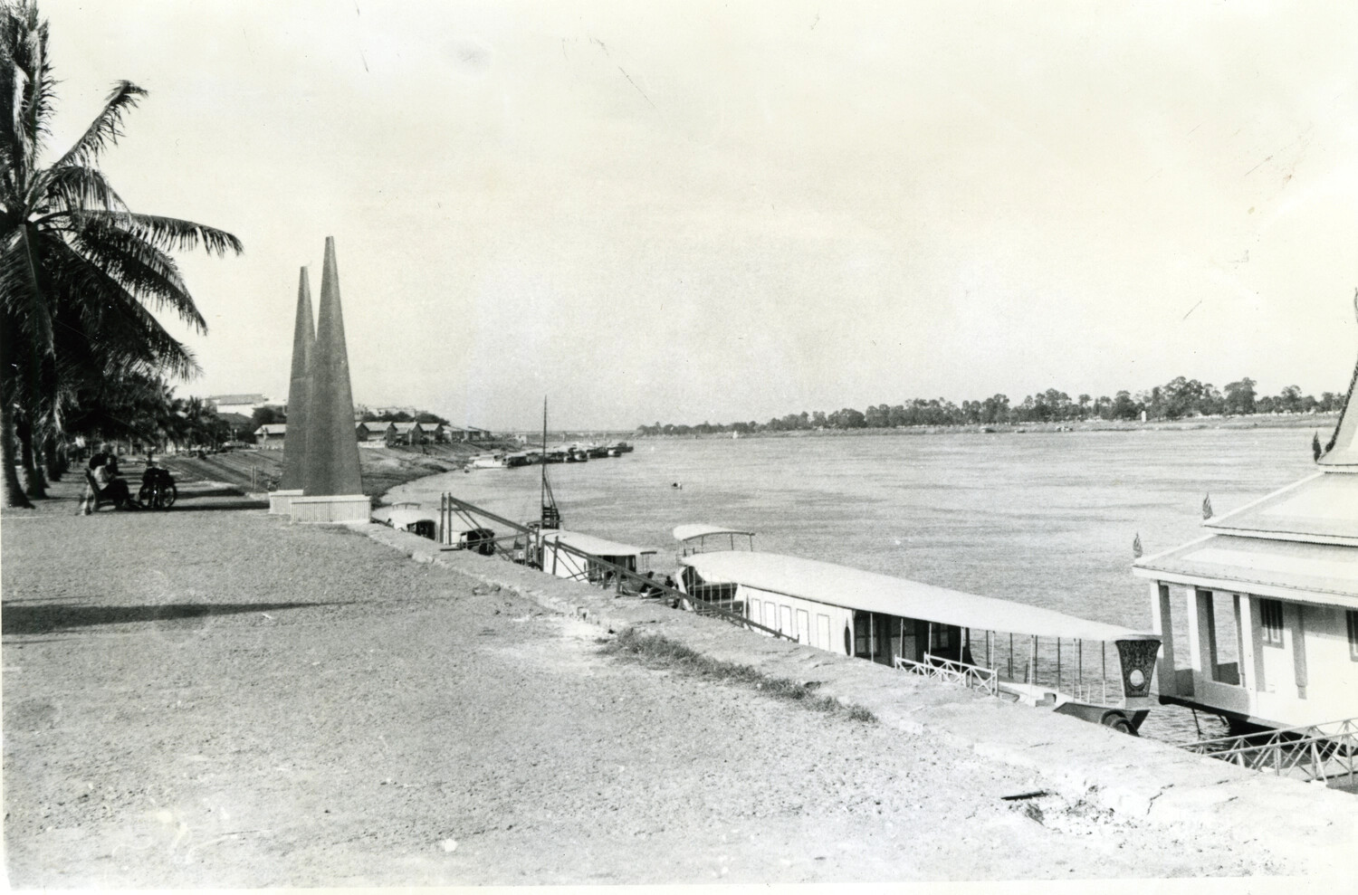Sisowath Quay Riverfront with Monuments and Moored Boat, Phnom Penh