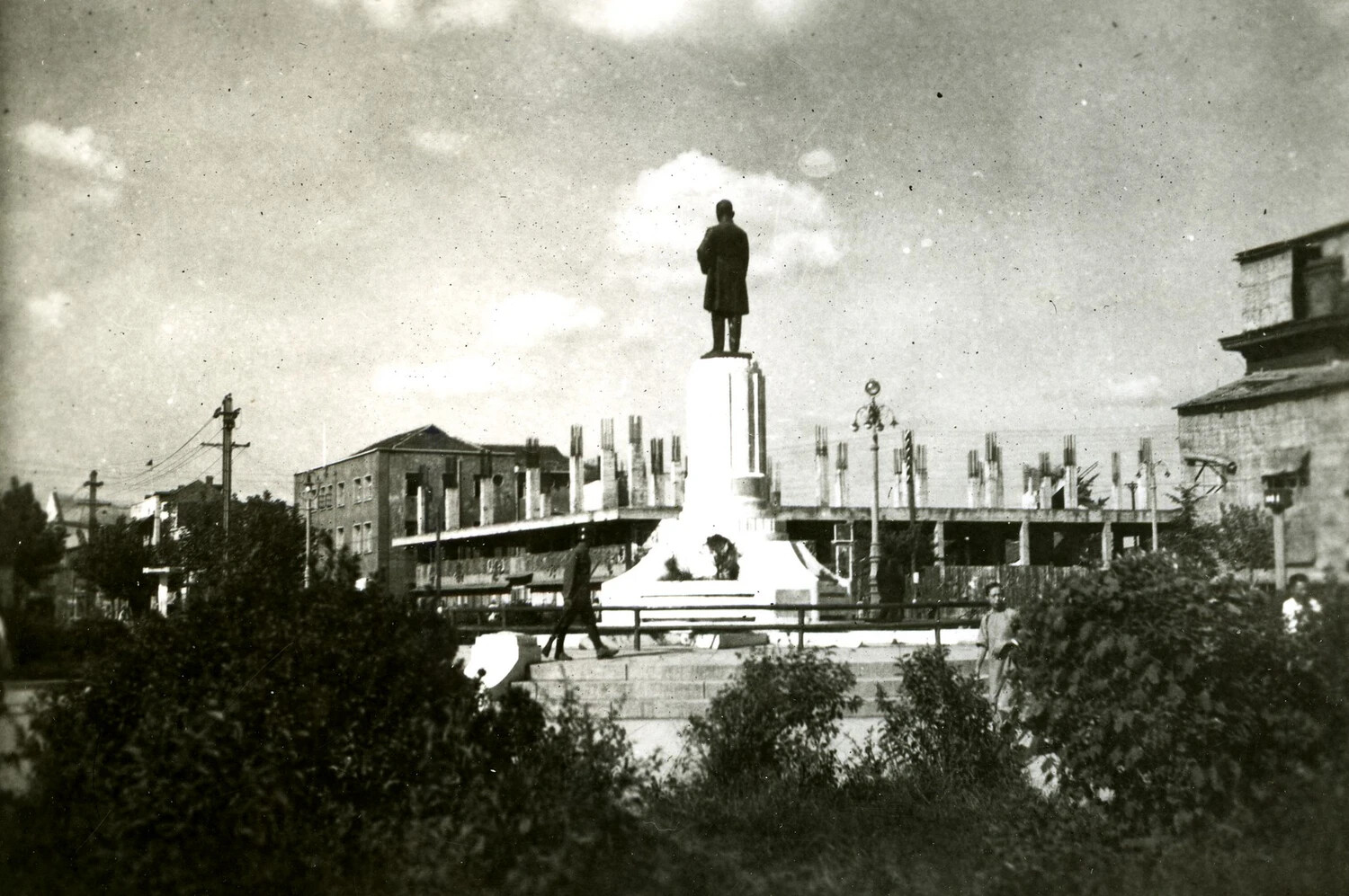 Memorial Statue in Chinese City Square with War-Damaged Building, CBI Theater, WWII