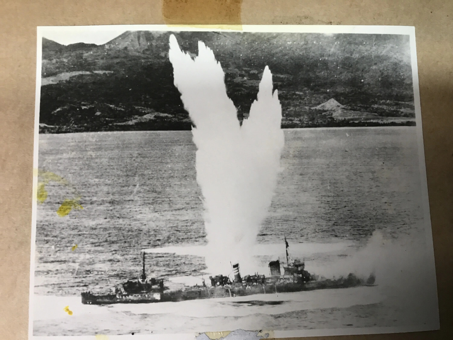 Aerial Strike Photograph: Bomb Splashes Bracketing a Japanese Warship