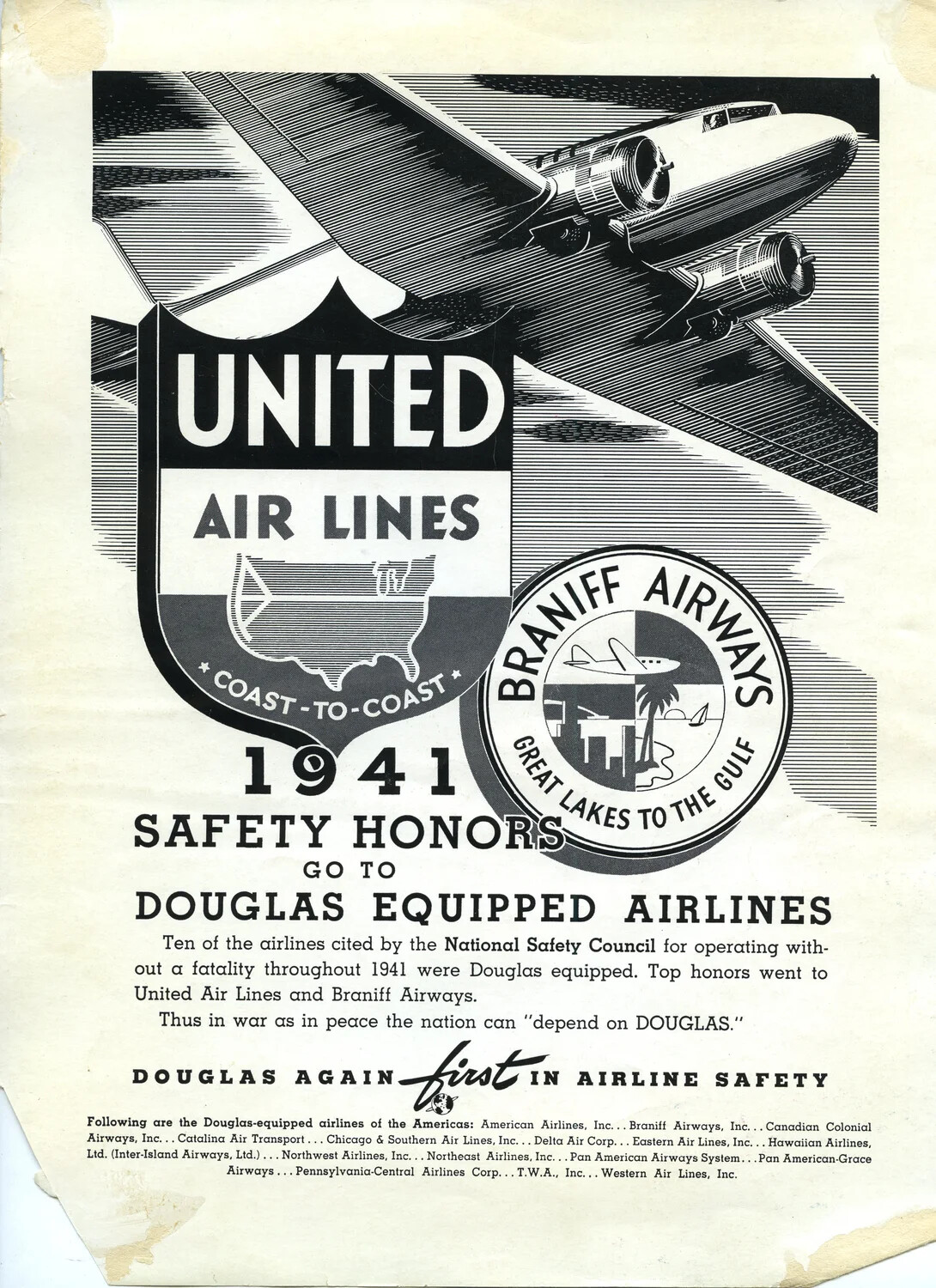 Douglas Aircraft Company Print Advertisement, "1941 Safety Honors Go to Douglas Equipped Airlines" — United Air Lines and Braniff Airways