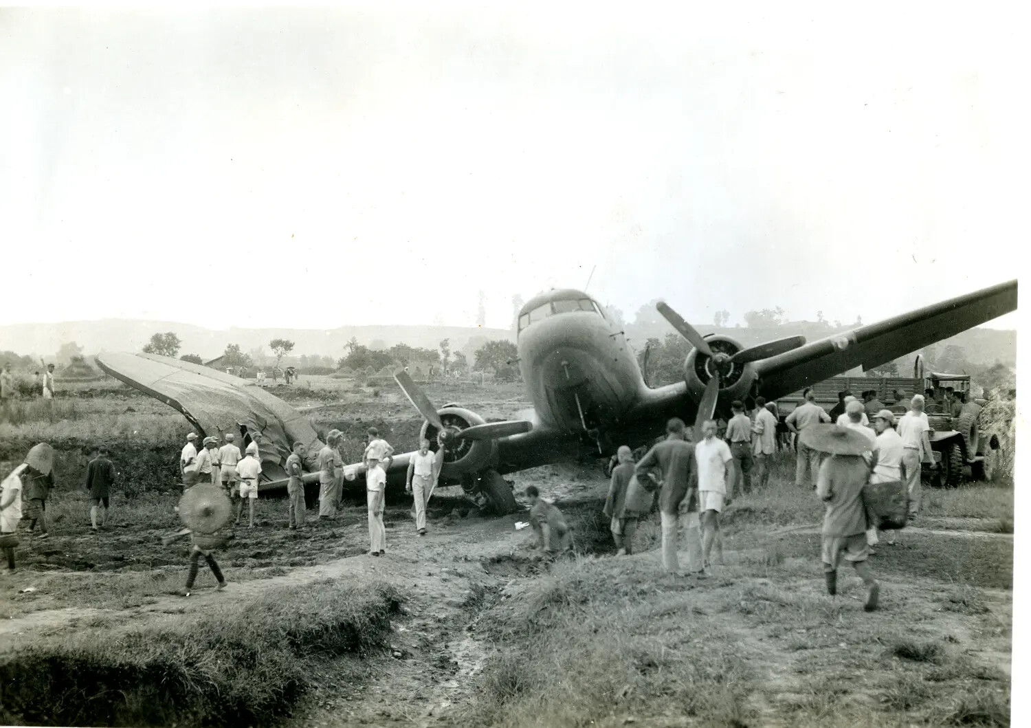 Crash-Landed C-47 Skytrain Transport Aircraft in Mud, CBI Theater, WWII