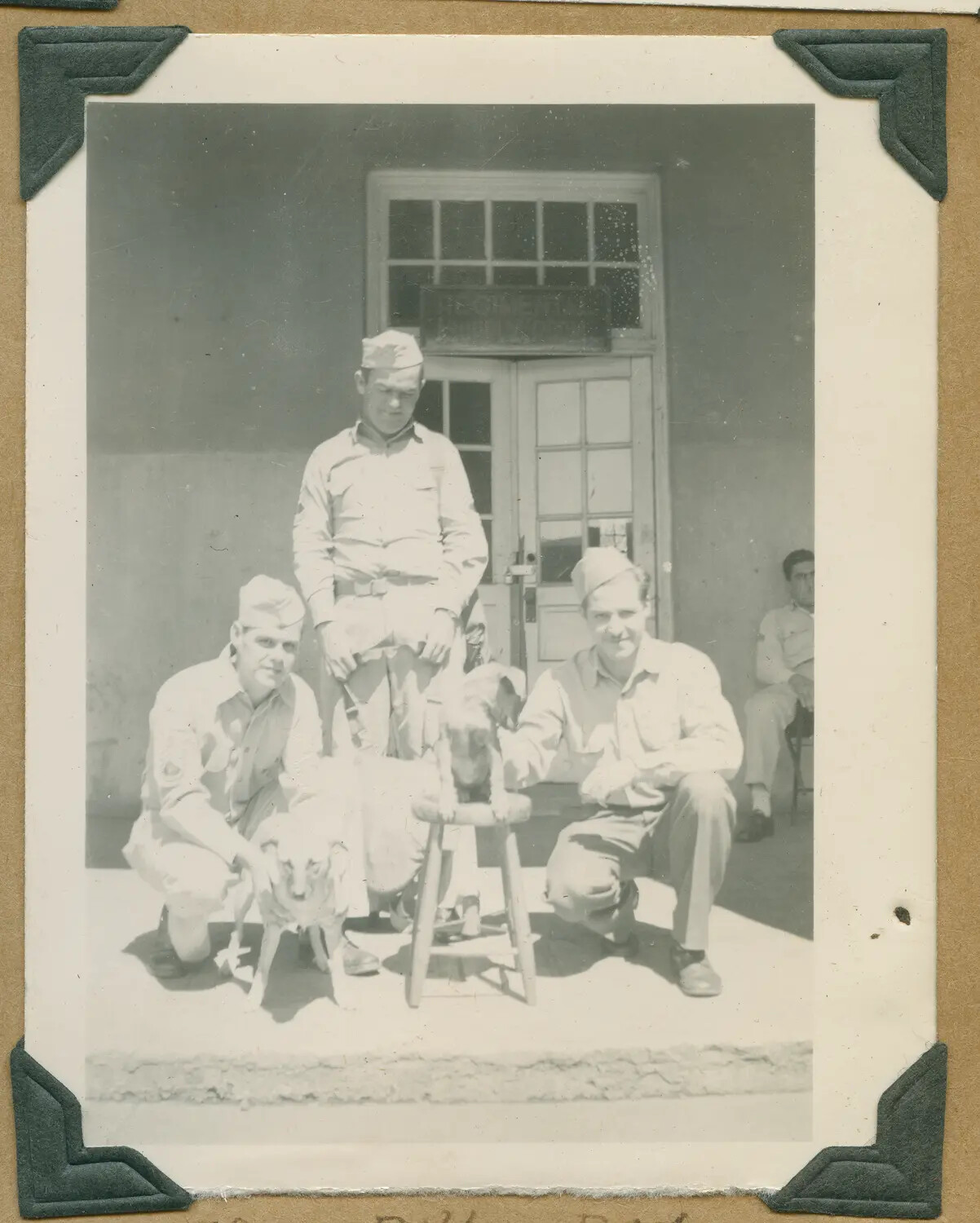Portrait of Three Servicemen with Camp Dogs — "Ed, Bill, Dan" — Oahu, Hawaii