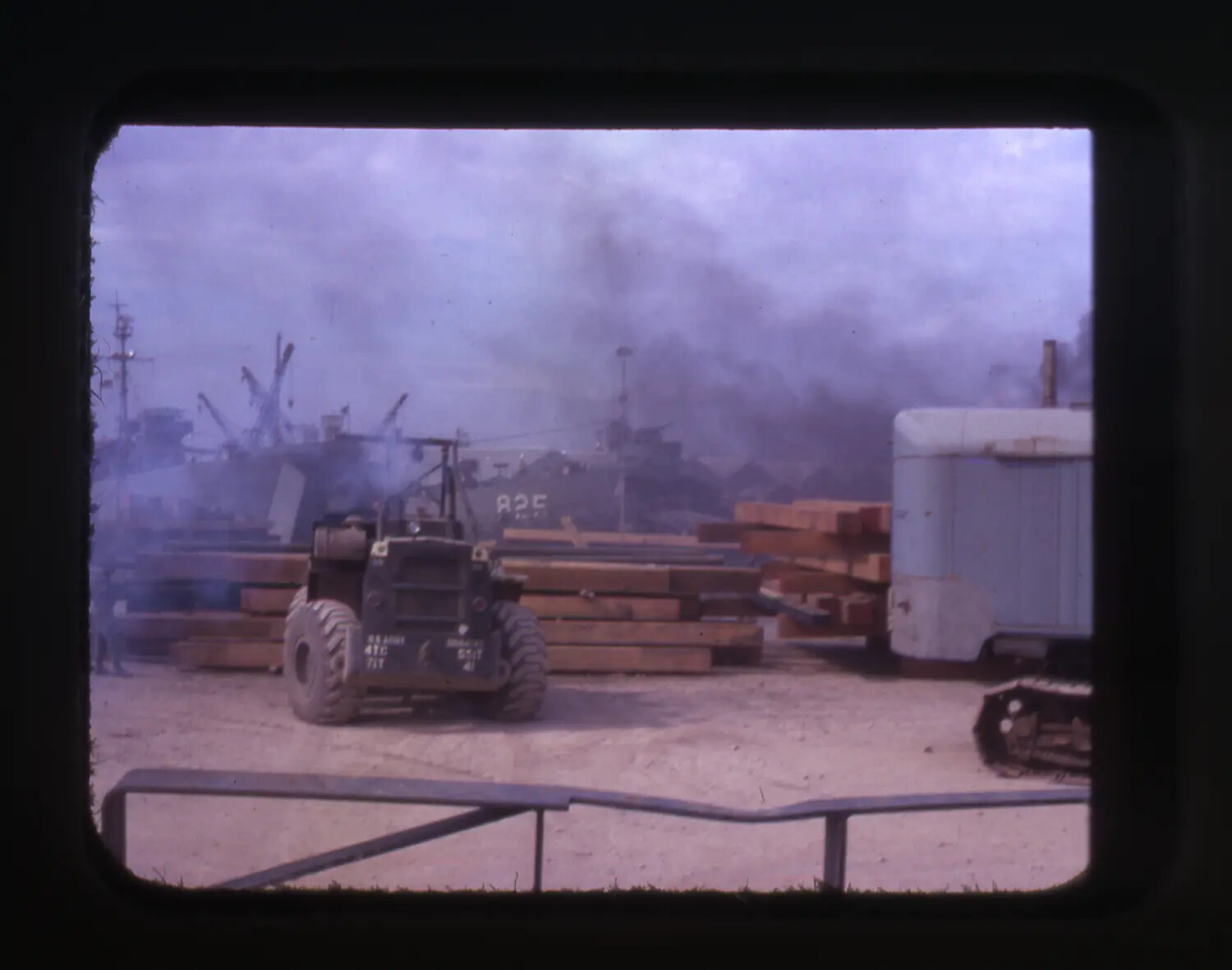 US Army Supply Yard with Lumber Stacks and Landing Ship '825', Cam Ranh Bay, Vietnam War