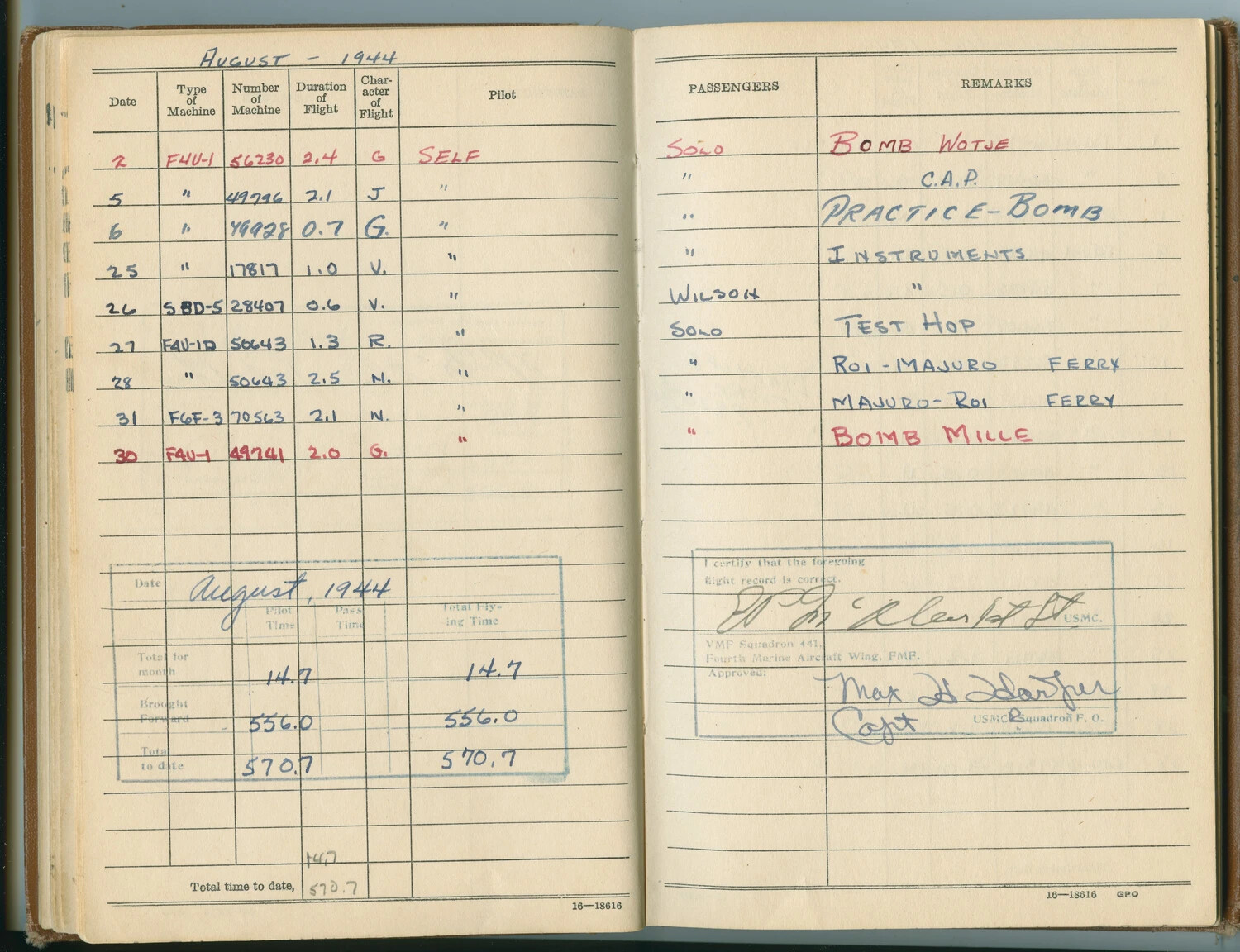 USMC Aviator's Flight Log Book, August 1944 - VMF-441, Marshall Islands Bombing Missions