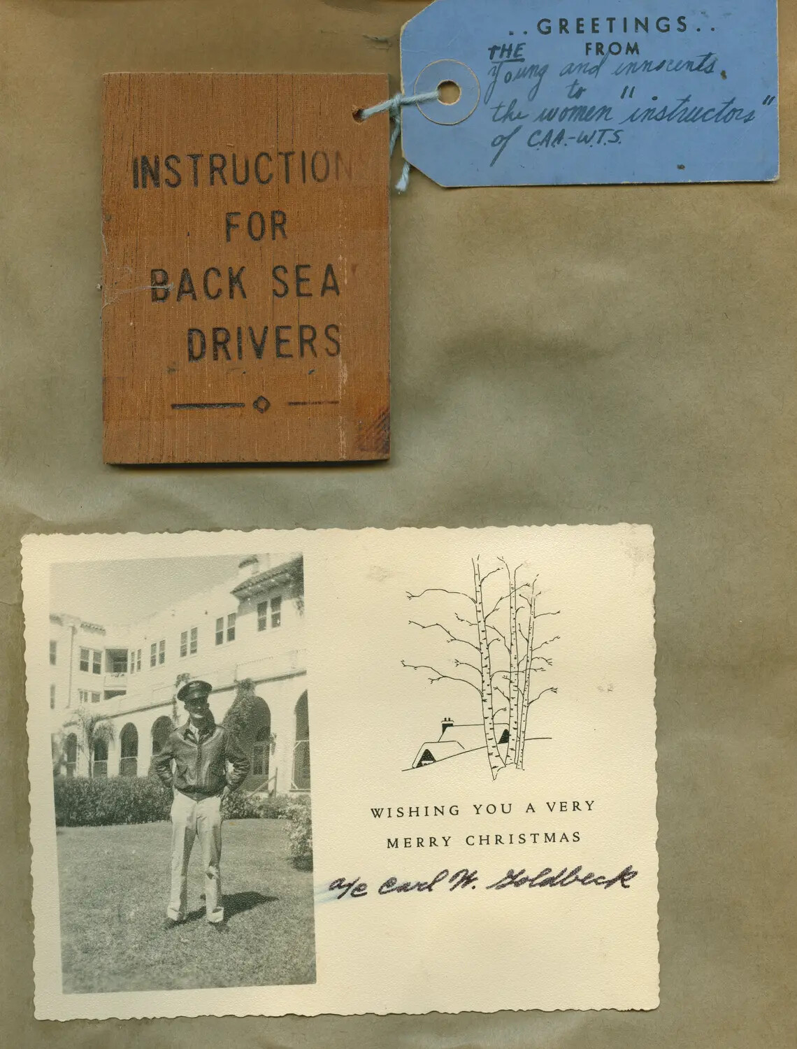 Album Page: 'Instruction for Back Seat Drivers' Novelty Plaque, Cadet Snapshot, and Aviation Cadet Christmas Card