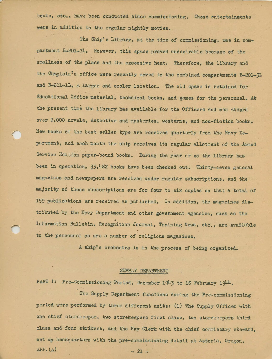 USS Petrof Bay (CVE-80) Ship's History, Appendix (A), Page 21 - Ship's Library, Recreation, and Supply Department (Pre-Commissioning Period)
