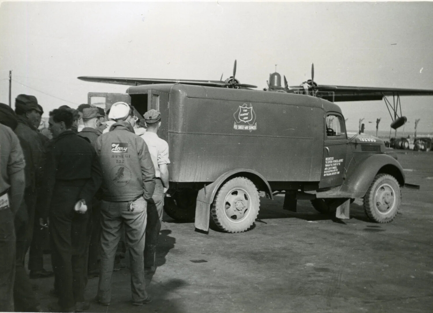 Servicemen Queuing at Salvation Army Red Shield Canteen Truck, Atsugi, Japan, Korean War Era