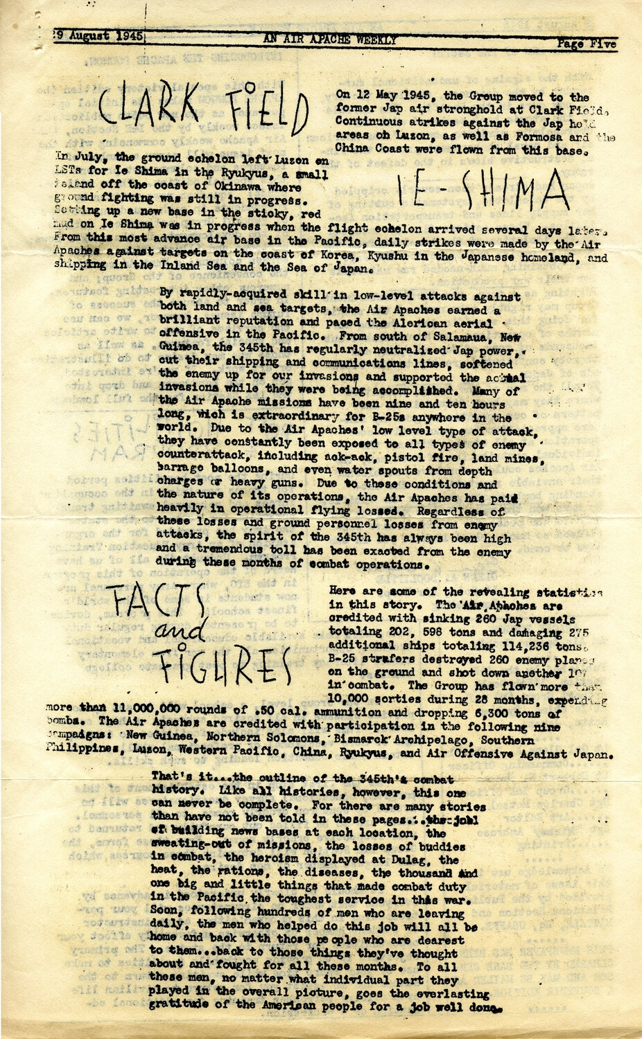 'The Air Apache Weekly' Newsletter, Page Five -- 345th Bombardment Group Unit History, 9 August 1945