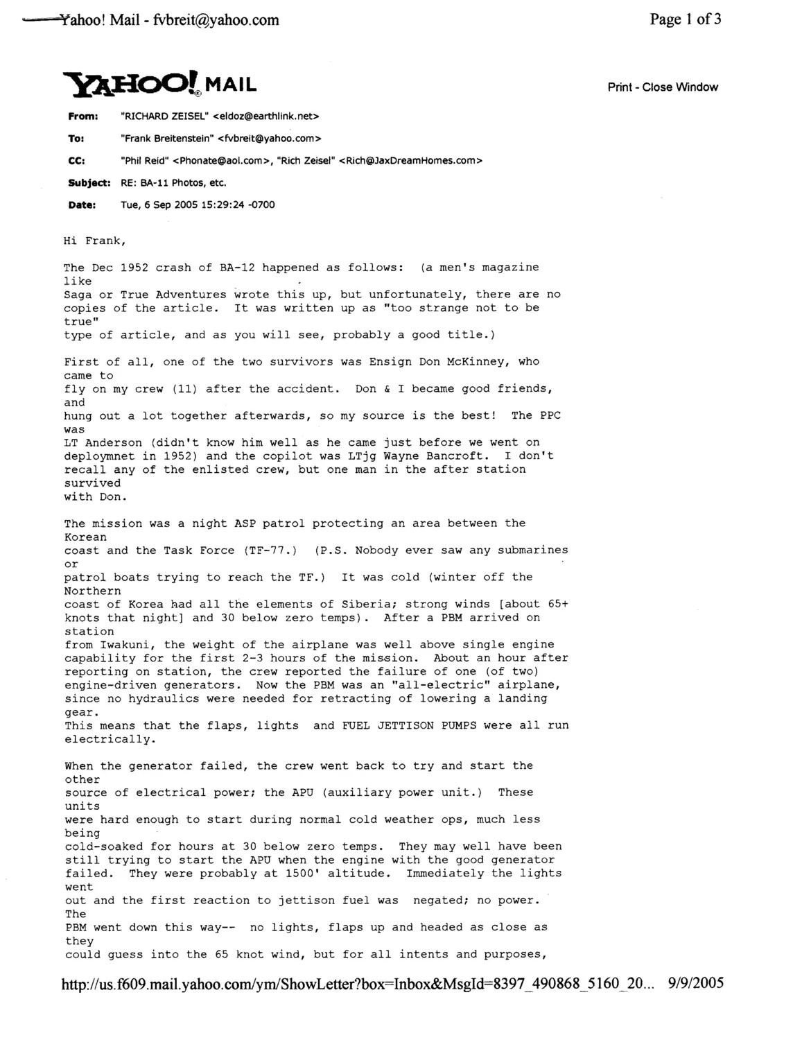 Printed Email Recounting the December 1952 Crash of PBM Patrol Aircraft 'BA-12' — Bancroft Korean War Collection