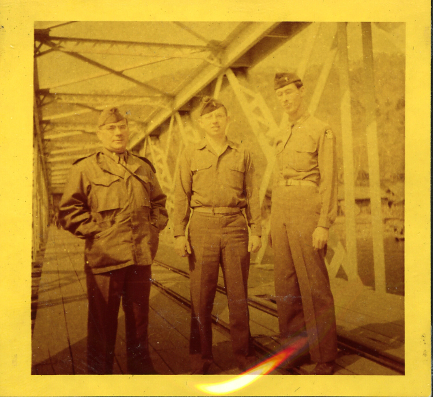 Three U.S. Army Servicemen on Railroad Truss Bridge, Rural Japan, Occupation Era