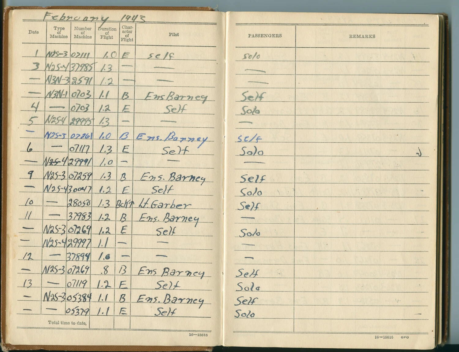 U.S. Navy Aviator's Flight Log Book — February 1943, Primary Flight Training Entries