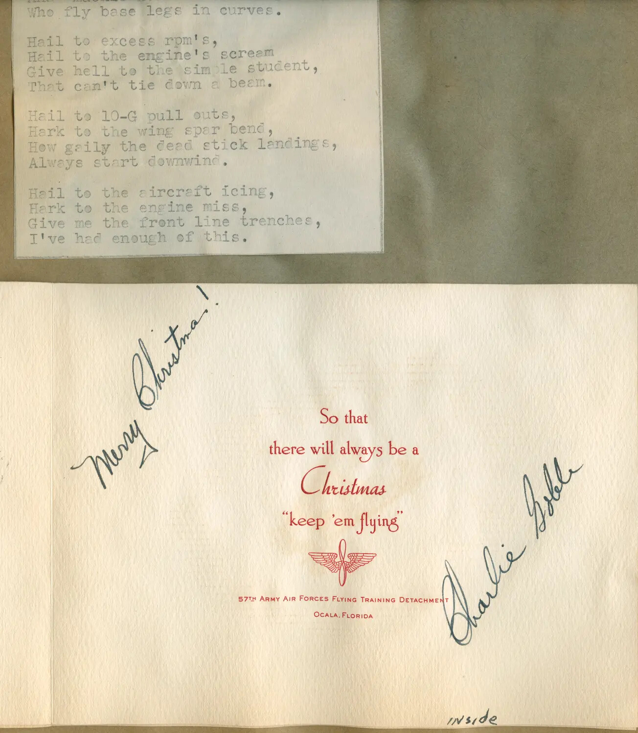 WWII Flight Training Satirical Poem and 57th AAF Flying Training Detachment Christmas Card (Close Crop)