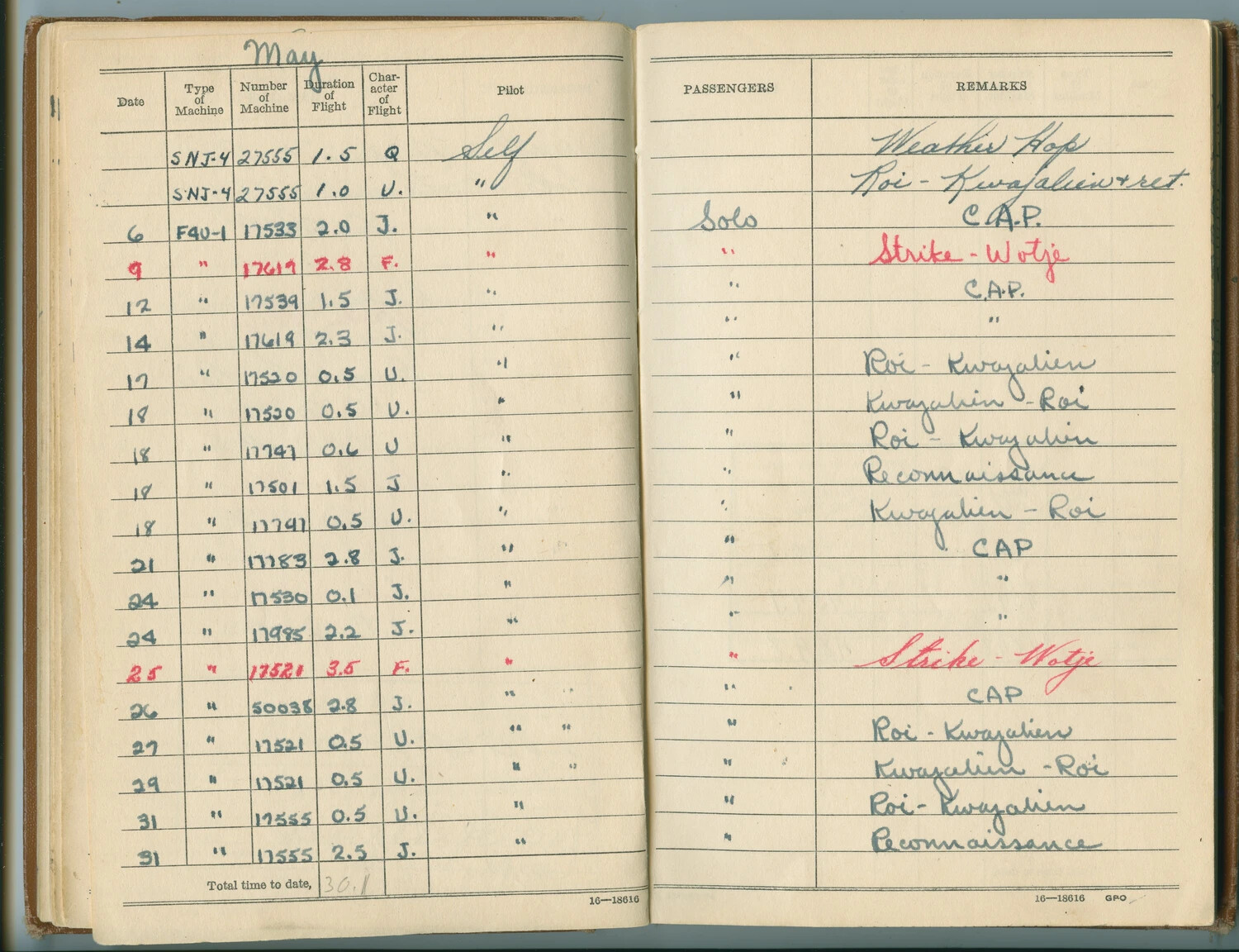 Naval Aviator's Flight Log Book, May - F4U-1 Corsair Operations, Marshall Islands