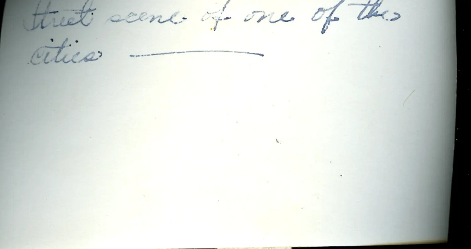 Handwritten Album Caption Card: 'Street Scene of One of the Cities' - WWII China-Burma-India Theater Archive