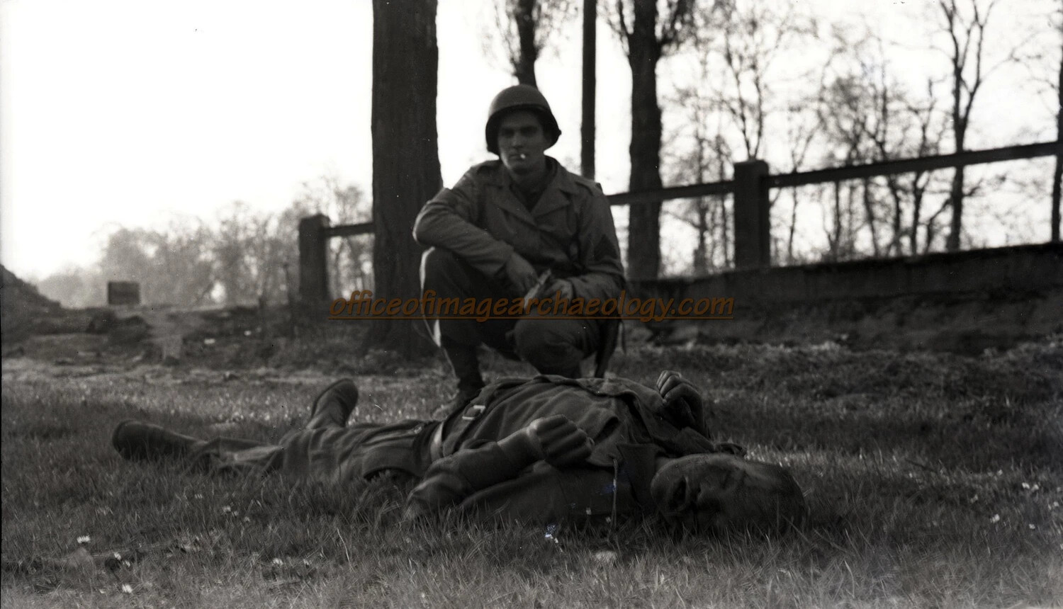 American Soldier Beside Fallen German Soldier, Western Front, Germany, World War II