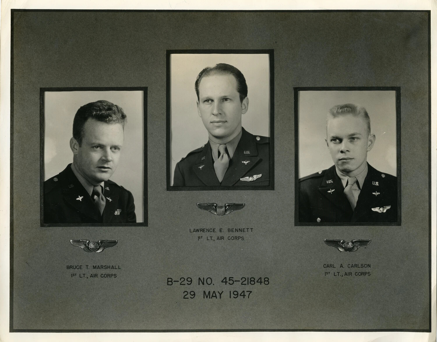 Memorial Portrait Composite: 1st Lts. Bruce T. Marshall, Lawrence E. Bennett, and Carl A. Carlson, U.S. Army Air Corps, with B-29 No. 45-21848, 29 May 1947