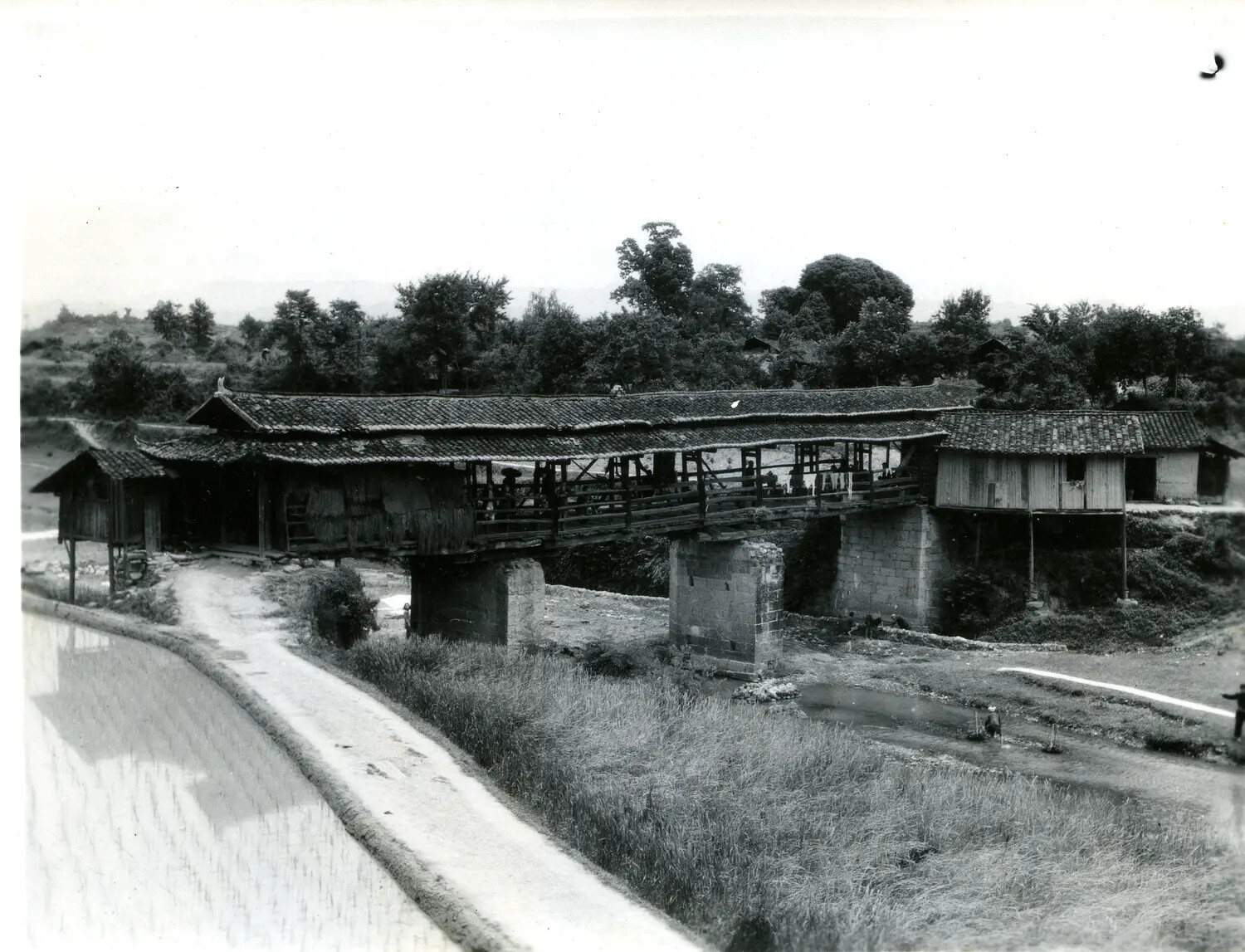 Traditional Covered Bridge and Village Structures, China-Burma Theater, WWII Era