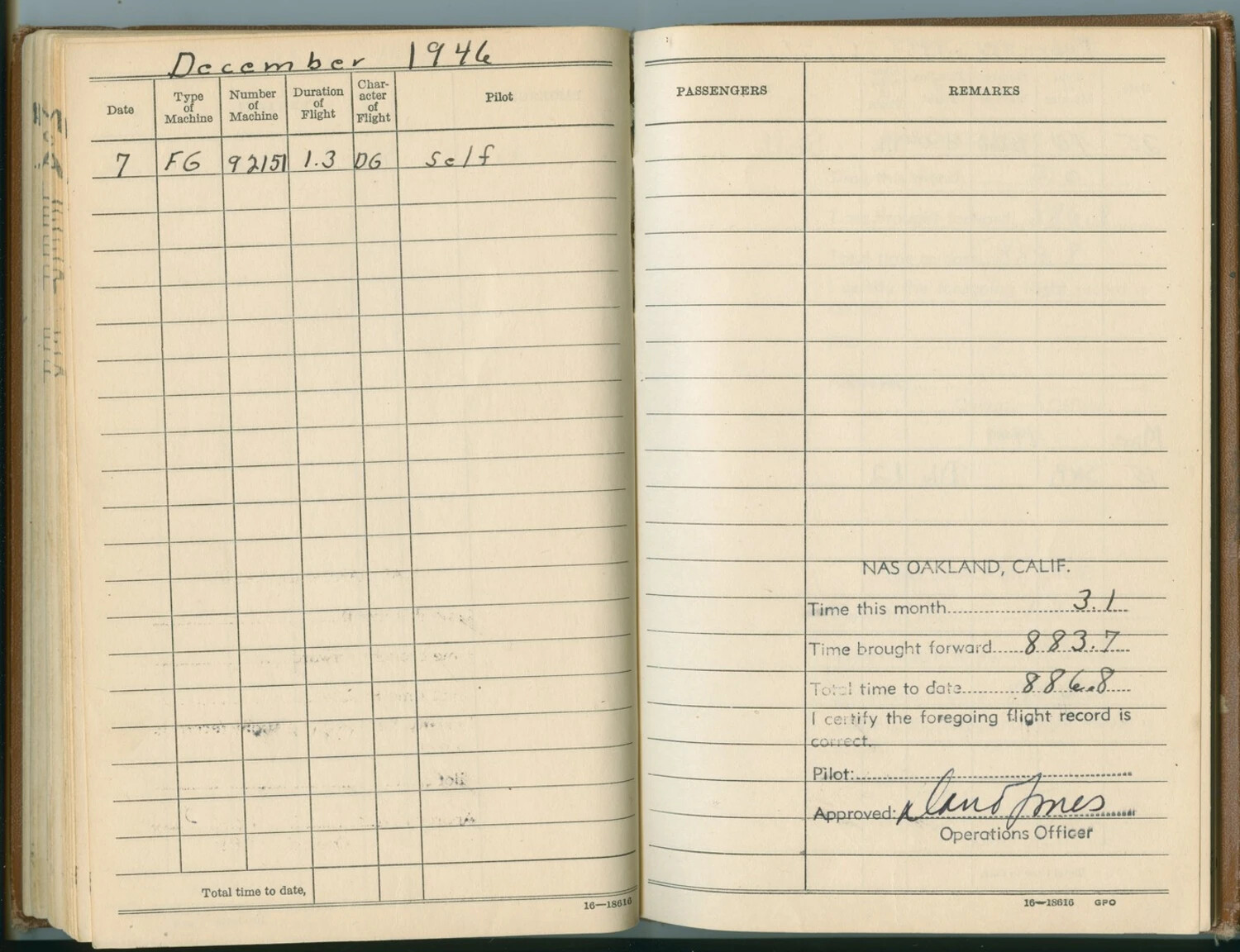 Flight Log Book Page: December 1946, FG Corsair Flight, NAS Oakland, McAleer Collection