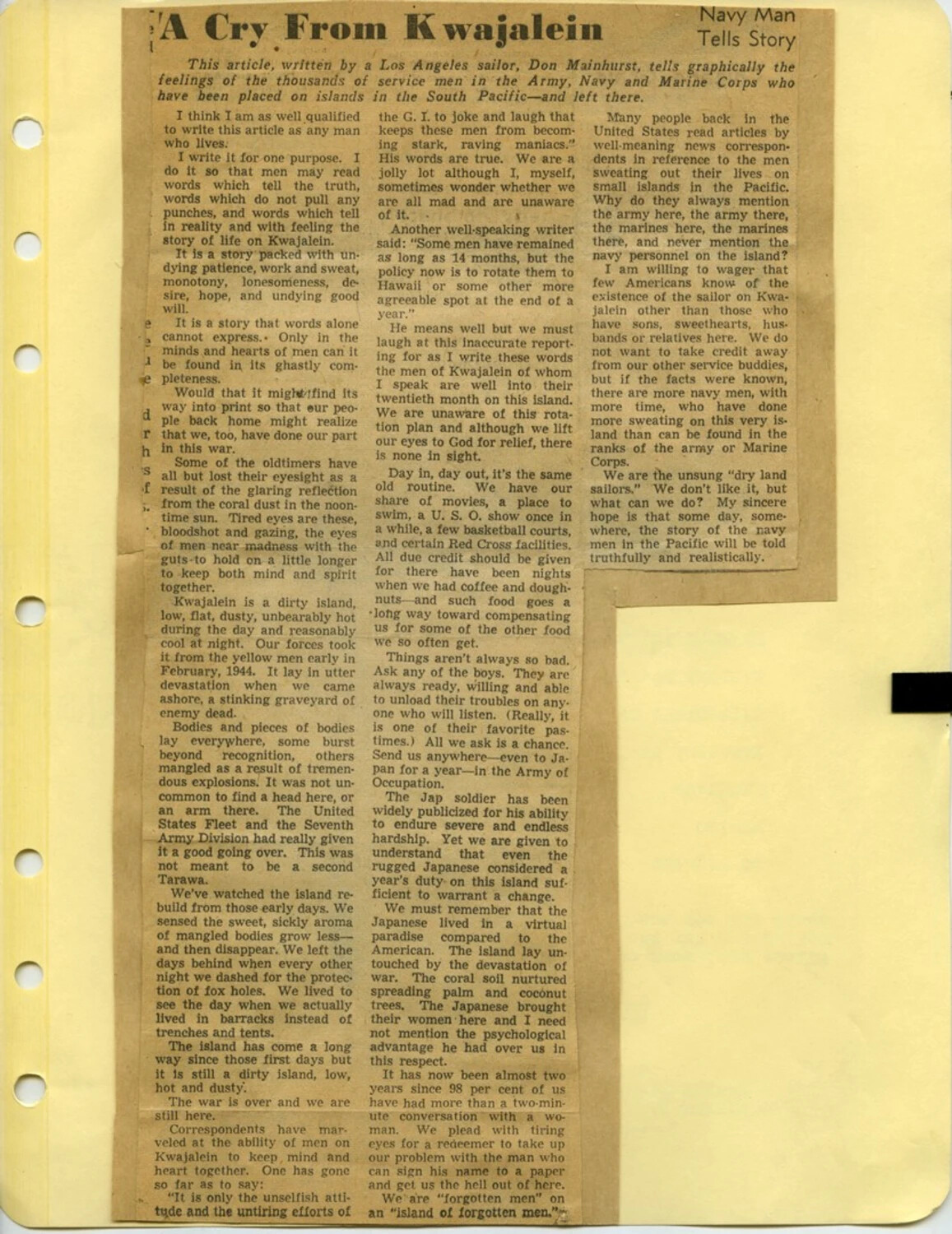Newspaper Clipping: 'A Cry From Kwajalein — Navy Man Tells Story' by Don Mainhurst