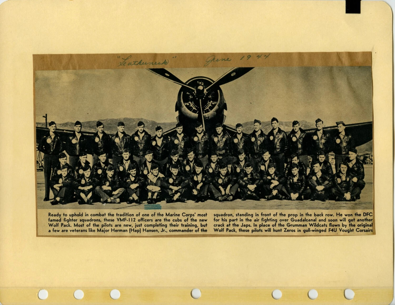VMF-112 'Wolf Pack' Marine Fighter Squadron, Leatherneck Magazine Clipping, June 1944