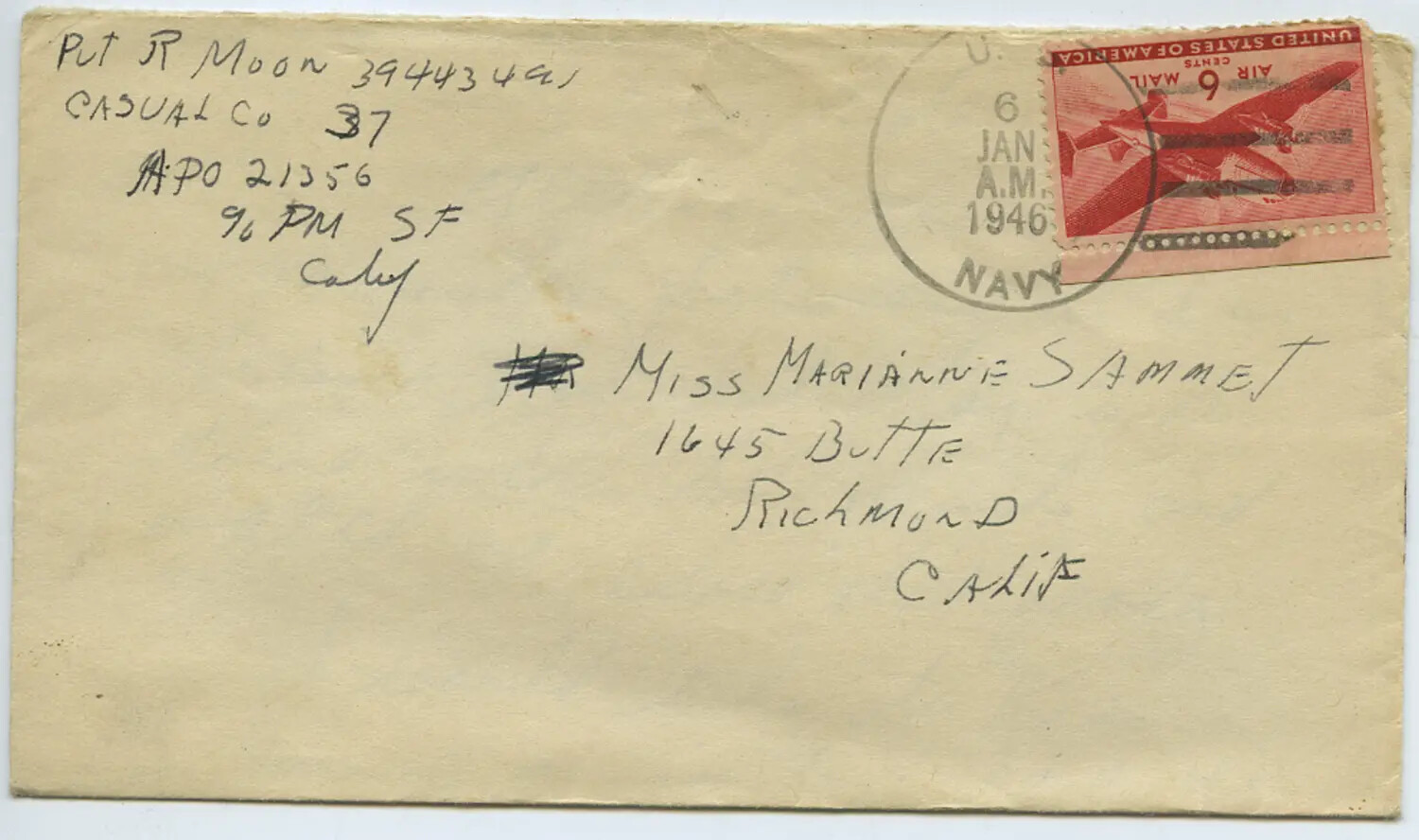 Postwar Postal Envelope, Pvt. R. Moon to Miss Mariannie Sammet, January 6, 1946