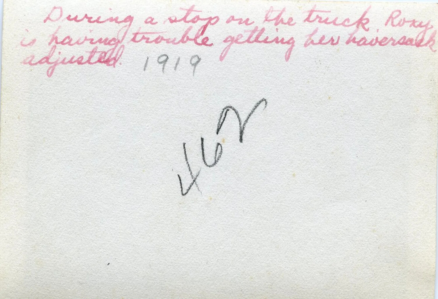 Reverse of Photograph: 'Roxy...Haversack' Caption, 1919 -- Willis W. Wagener Collection