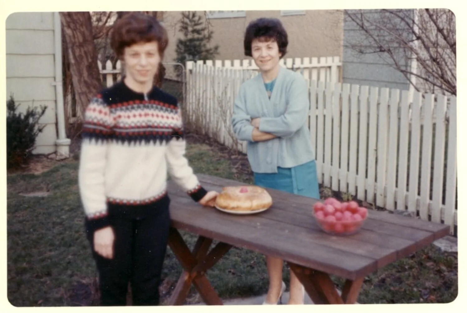Two Women in Backyard with Coffee Cake and Fruit Bowl - Family Snapshot, Bancroft Collection