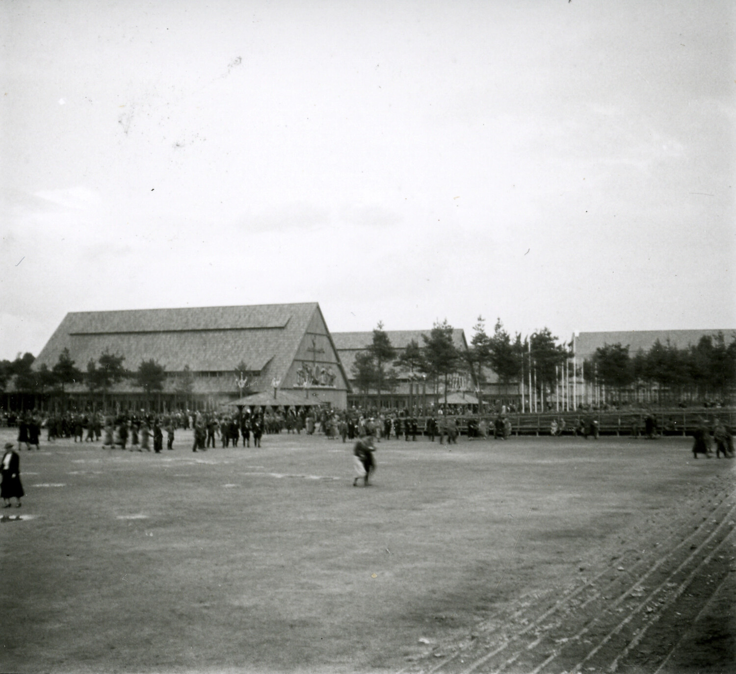 Crowd Gathered at Large Gabled Hall Buildings, Nuremberg, Germany (WWII-era)