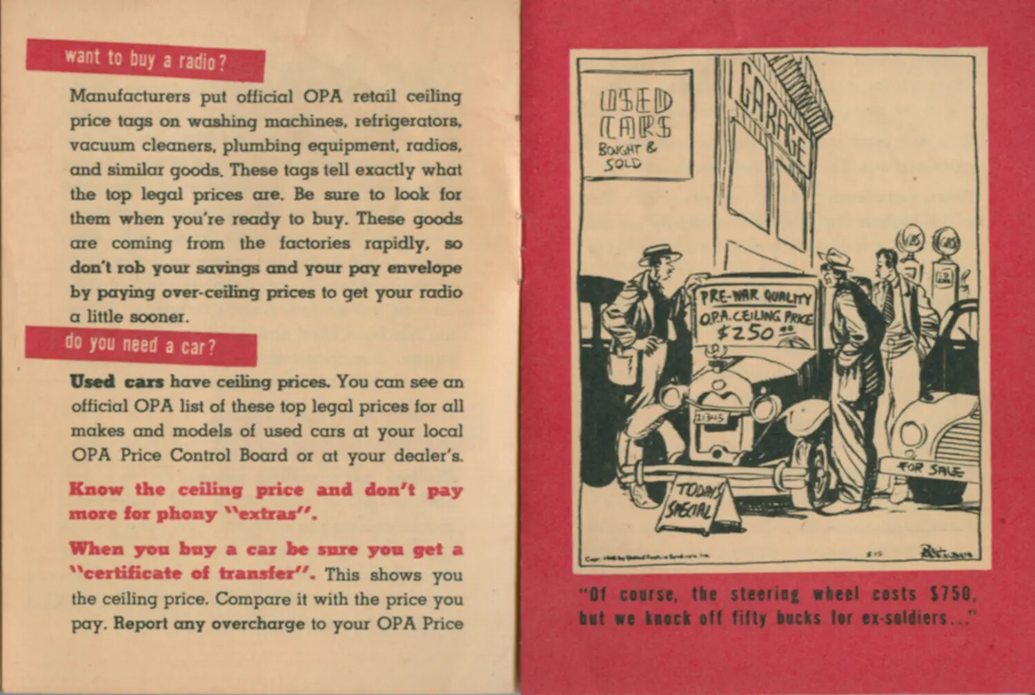 "Do You Need a Car?" -- OPA Price Control Text and Used Car Lot Satirical Cartoon, WWII Veteran Guide Booklet
