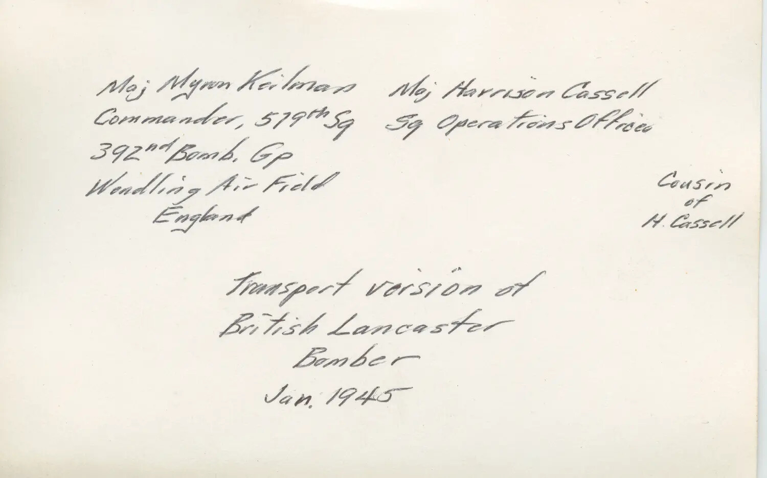 Verso Caption Card: Maj. Myron Keilman, Maj. Harrison Cassell, and Cousin, Avro York Transport, Jan. 1945