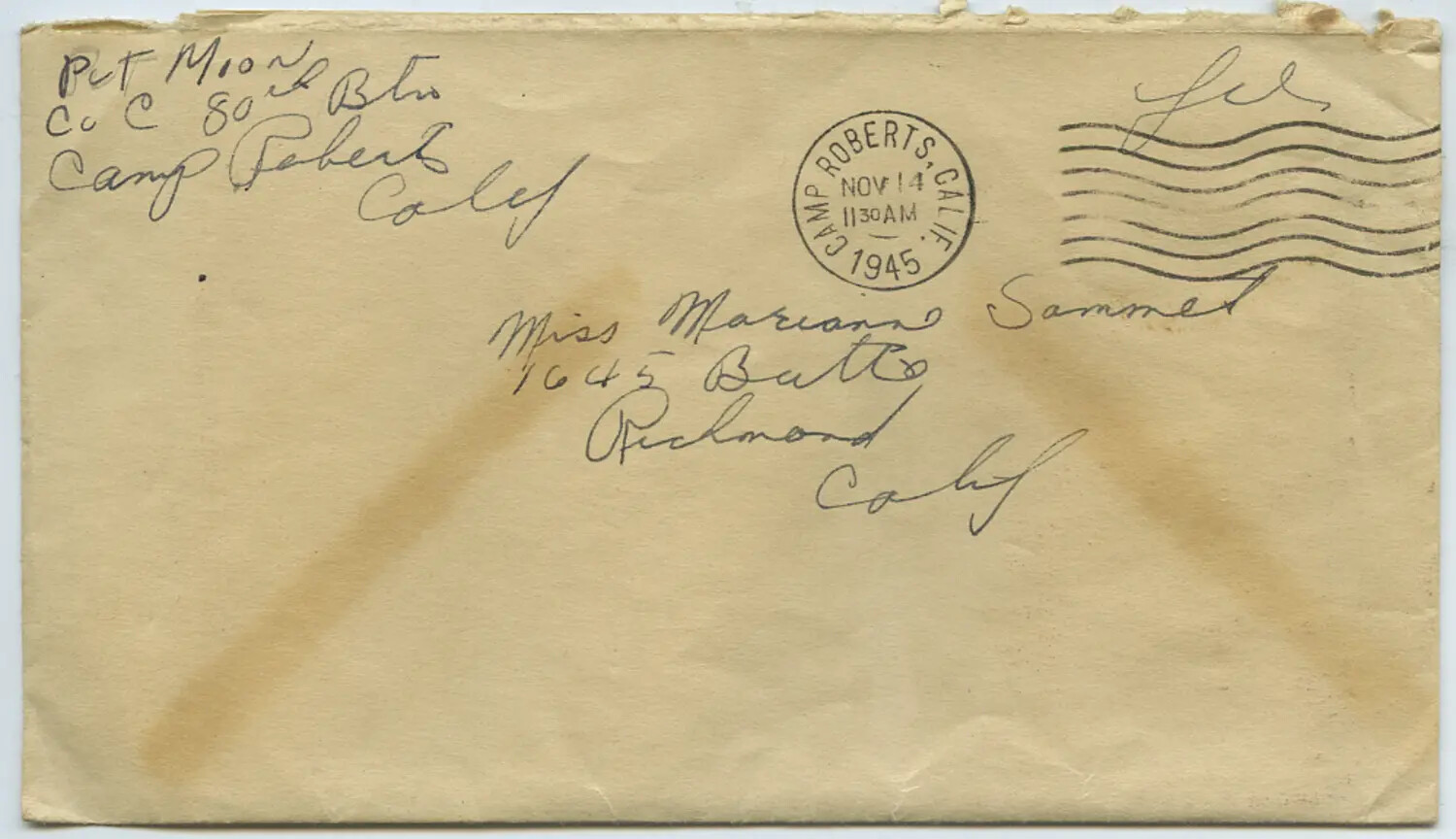 Wartime Letter Envelope, Pvt. Moon to Miss Marianne Sammiet, 1945