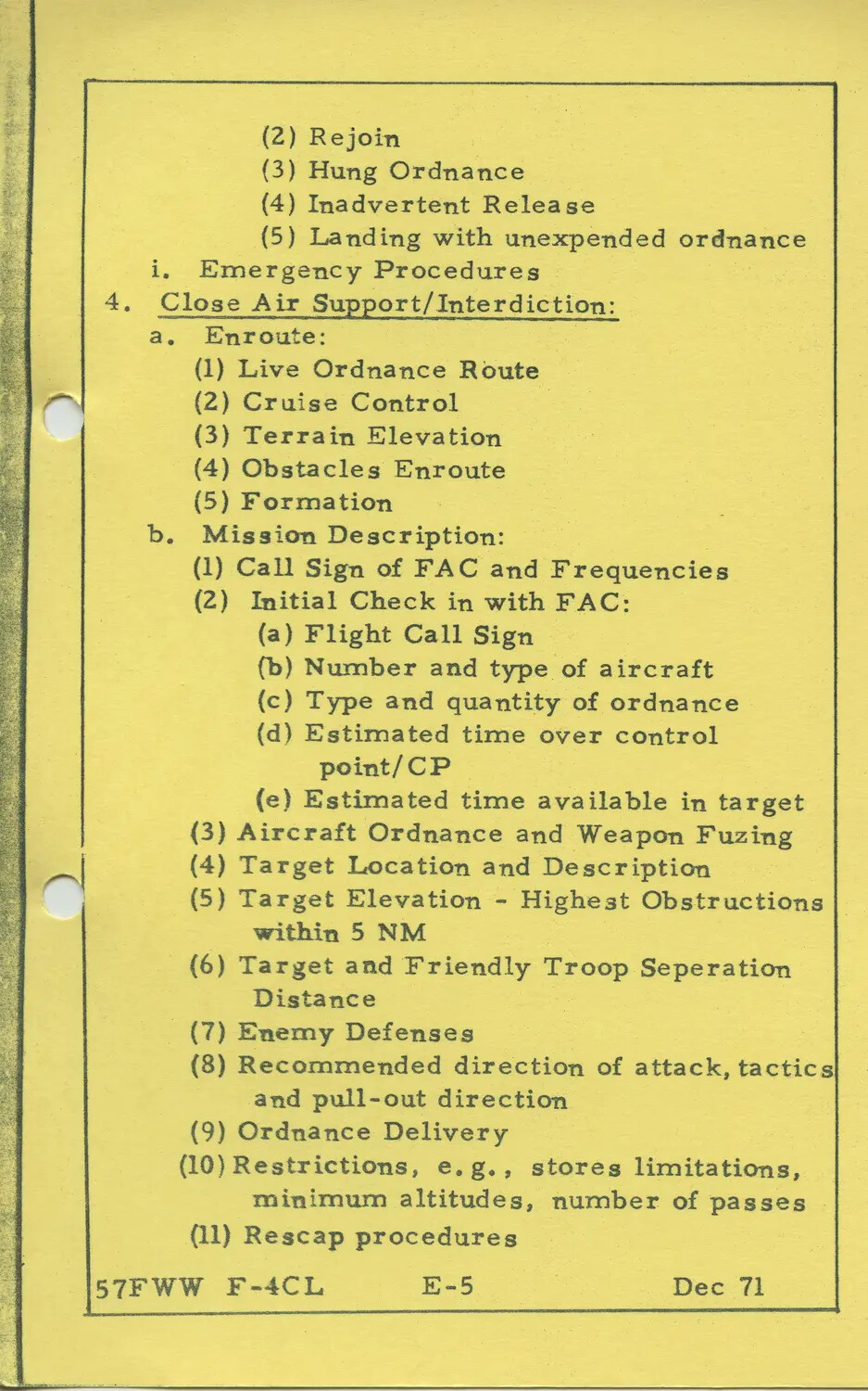 57th Fighter Weapons Wing F-4 Combat Crew Checklist Page, Close Air Support/Interdiction, December 1971