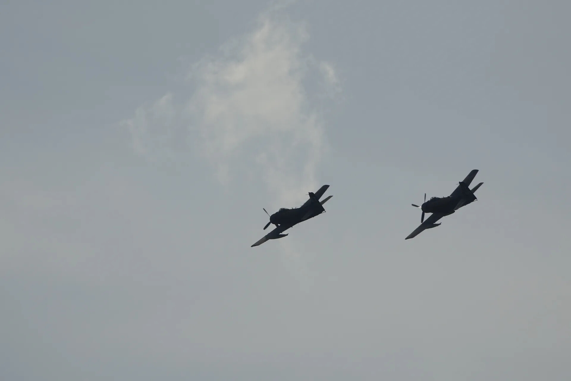 Two A-1 Skyraiders Banking in Formation, Silhouette View