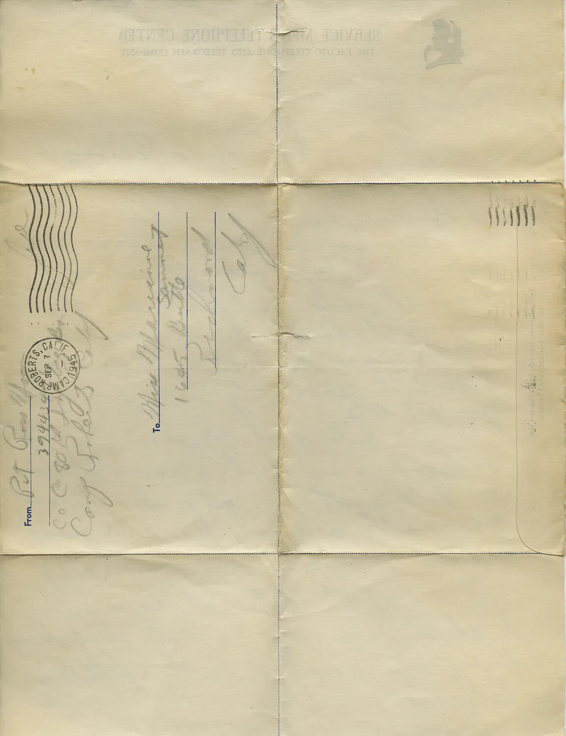 Address Panel of WWII-Era Letter from Camp Roberts, California, Dated September 2, 1945
