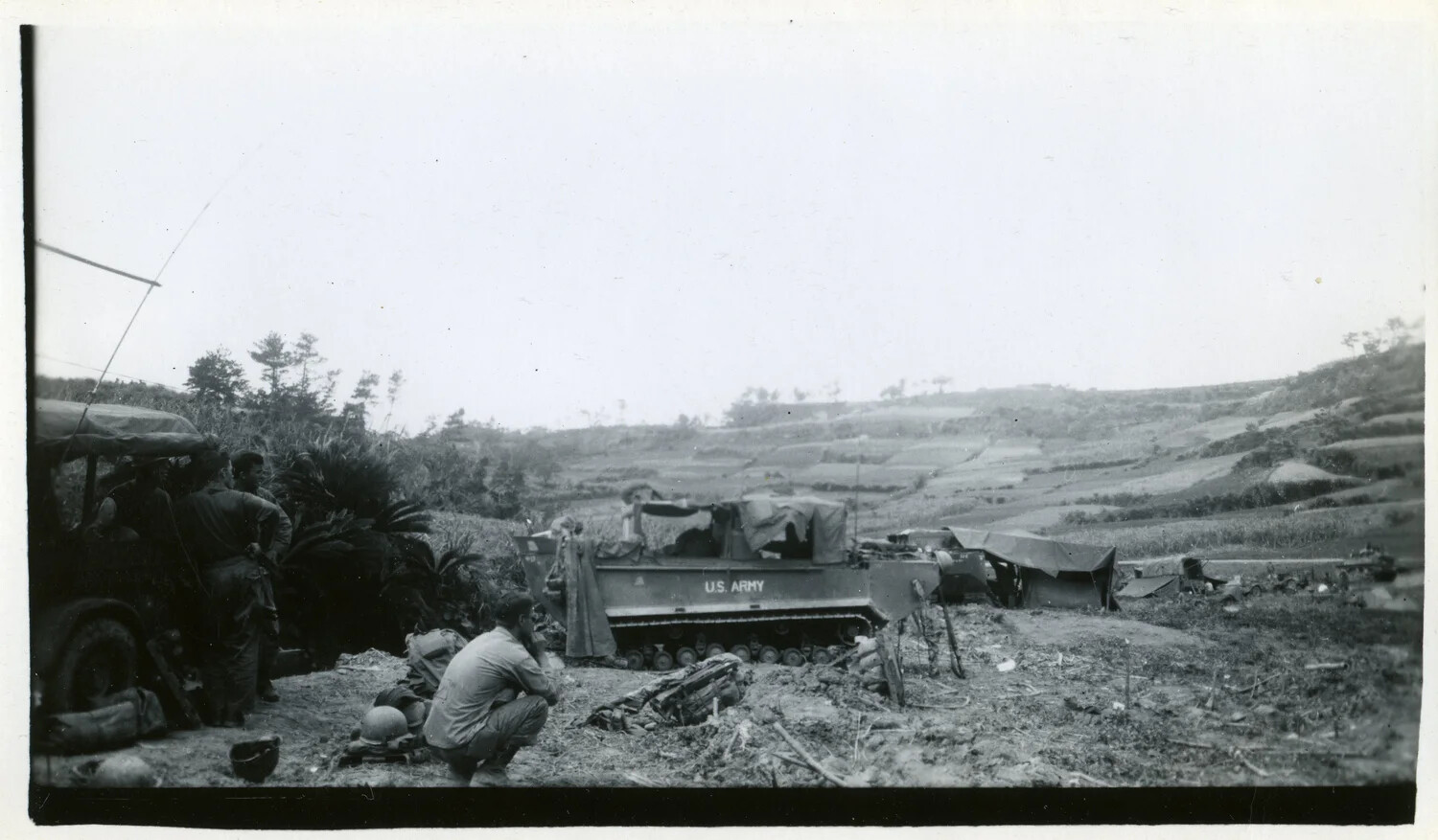 U.S. Army M113 Armored Personnel Carrier in Terraced Highland Terrain, Vietnam War Era