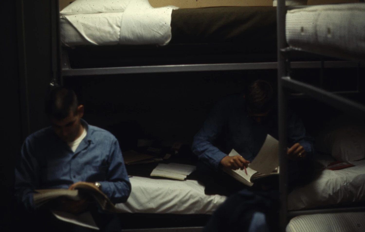 Sailors Reading and Writing in Berthing Compartment, USS Ticonderoga, Vietnam War Era