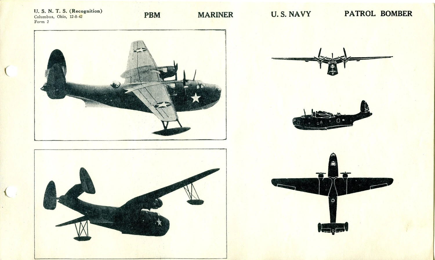 USNTS Aircraft Recognition Training Card: PBM Mariner, U.S. Navy Patrol Bomber (Form 2, 12-8-42)