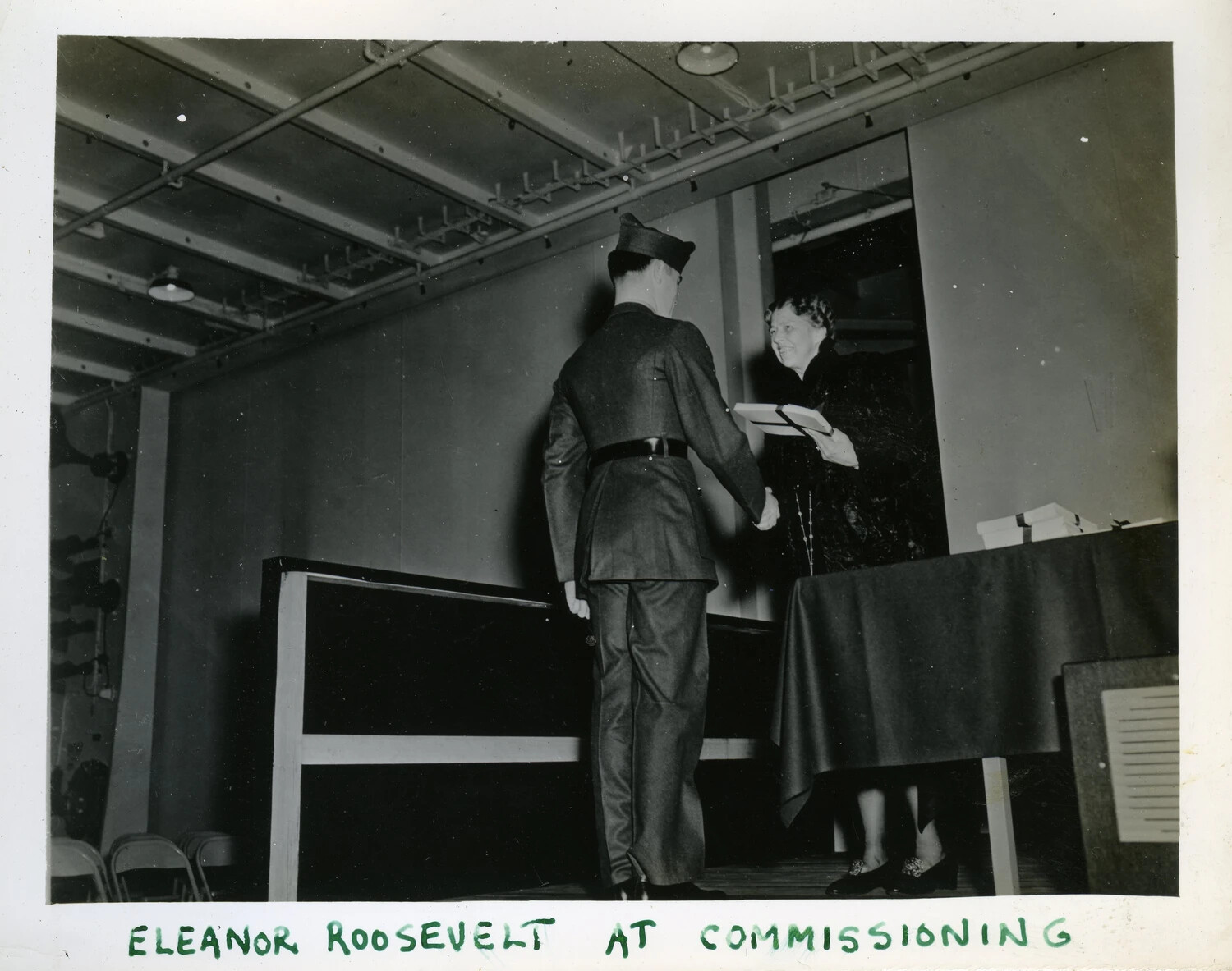 Eleanor Roosevelt Presenting Certificate at Commissioning Ceremony (USS Franklin D. Roosevelt, CVB-42 Collection)