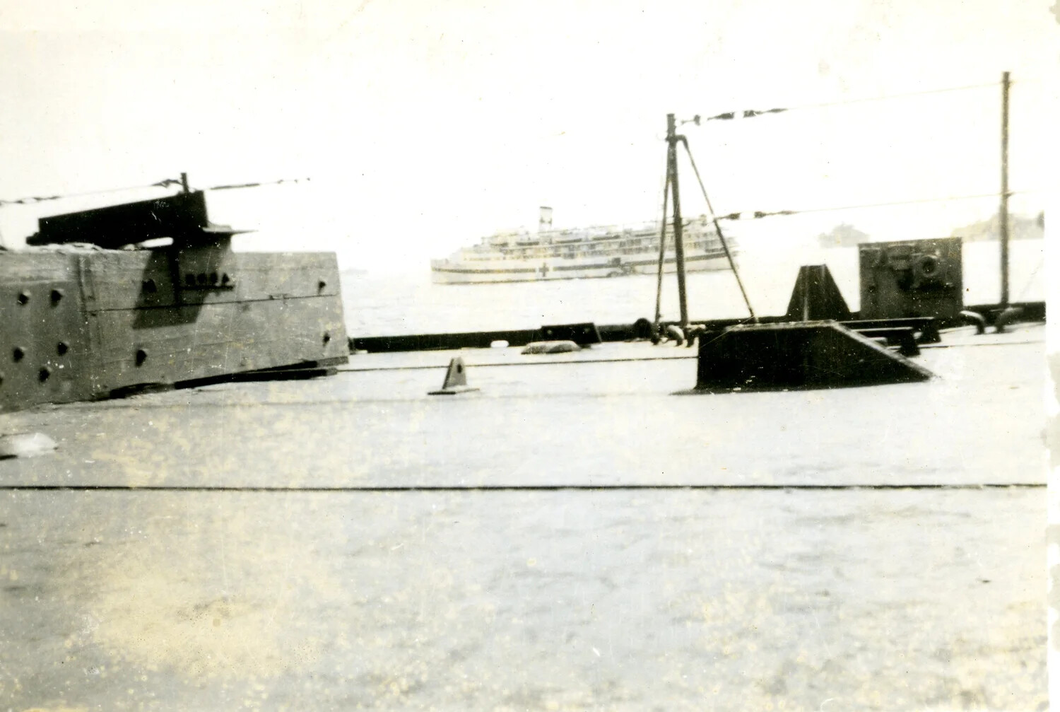 Naval Vessel Deck View with Hospital Ship in Background, Iwo Jima Campaign, 1945