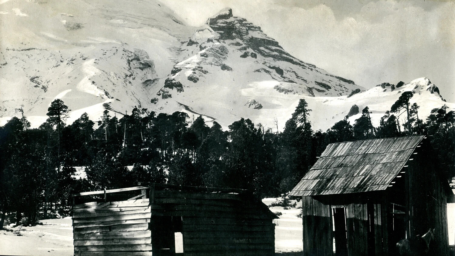 Snow-Capped Peak and Log Cabins, Personal Album Page from USS Columbia Collection