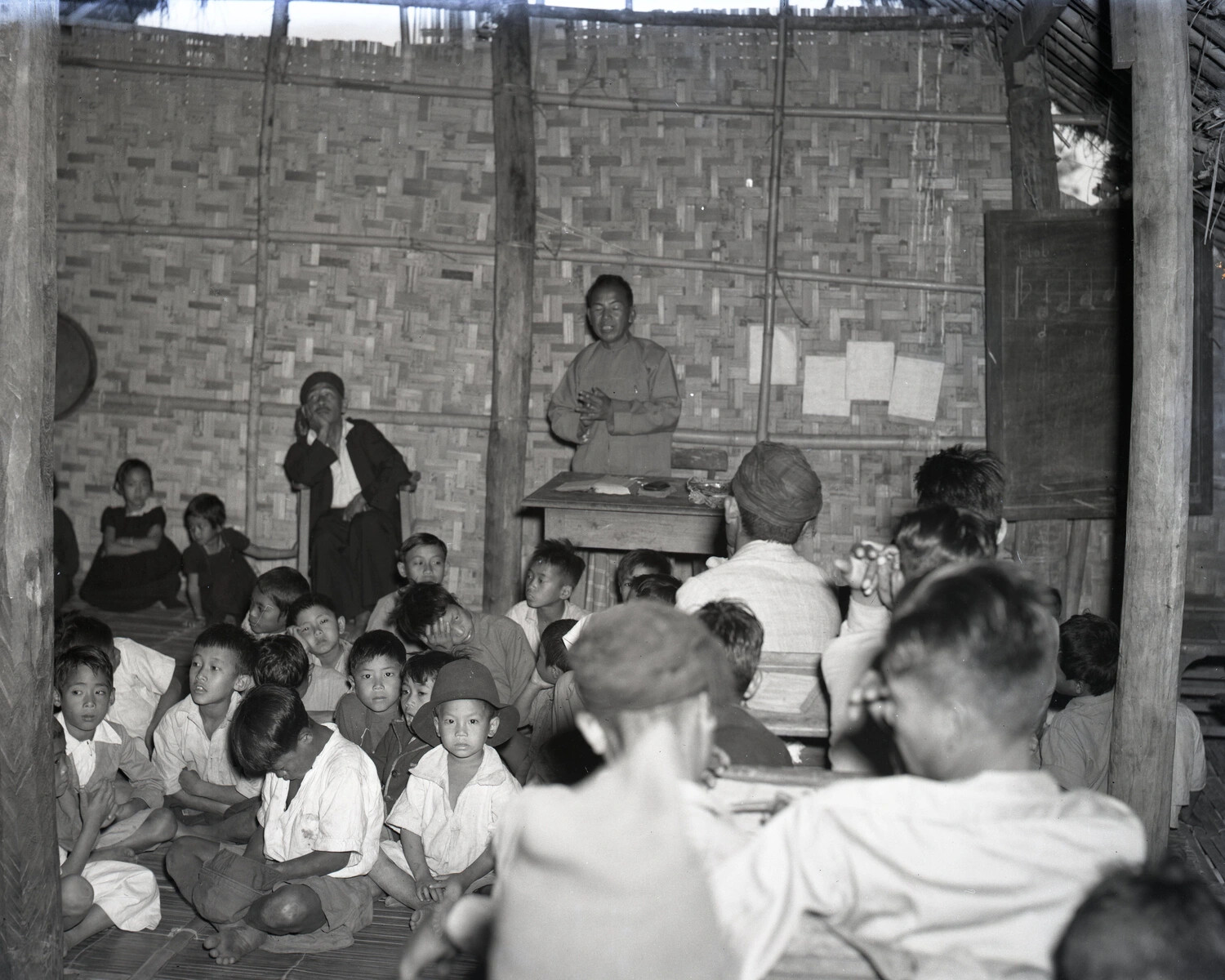 Karen Church Service in a Bamboo Chapel/Schoolhouse, Burma, WWII China-Burma-India Theater